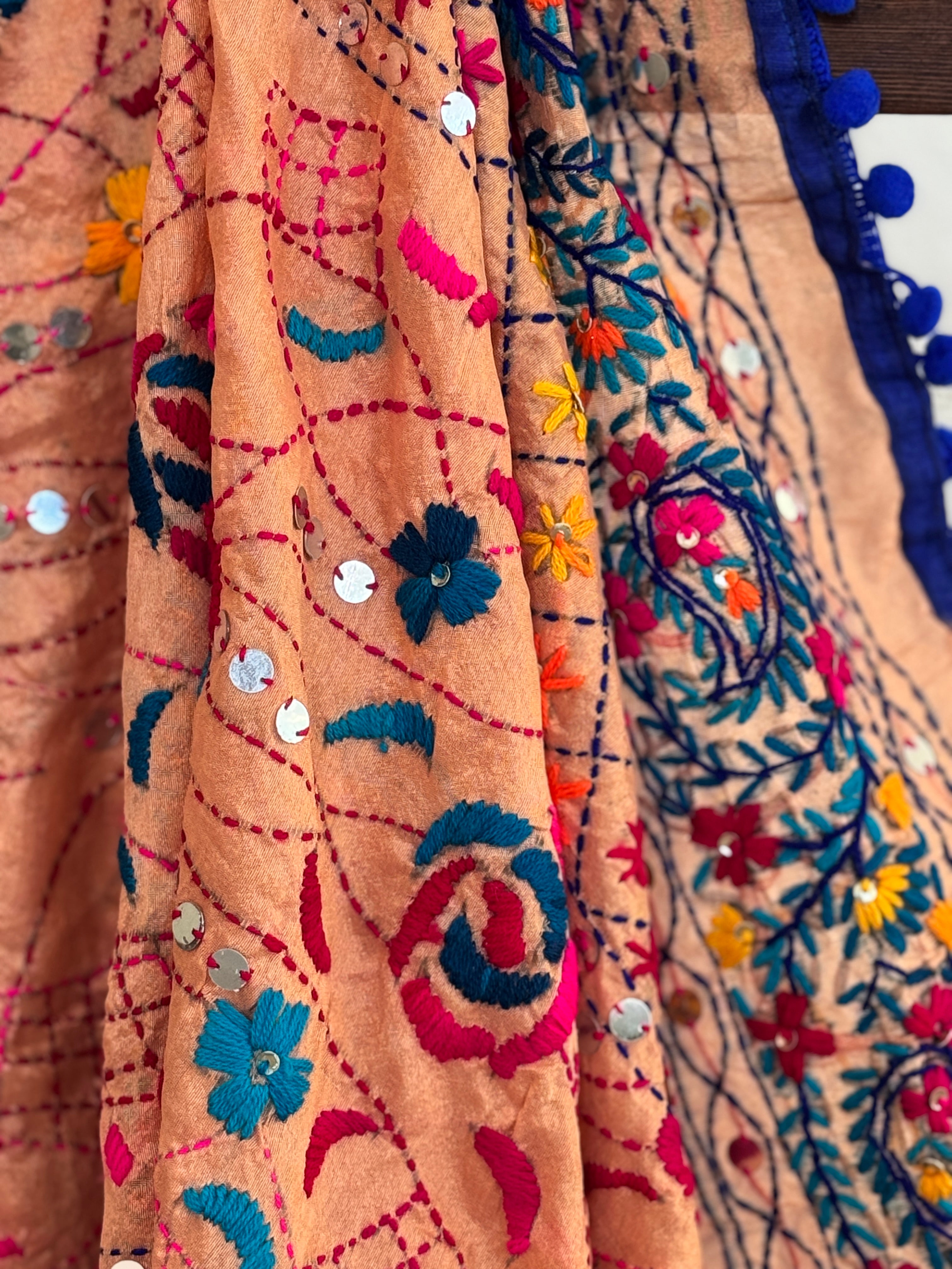 Chanderi Kantha dupatta - peach blue