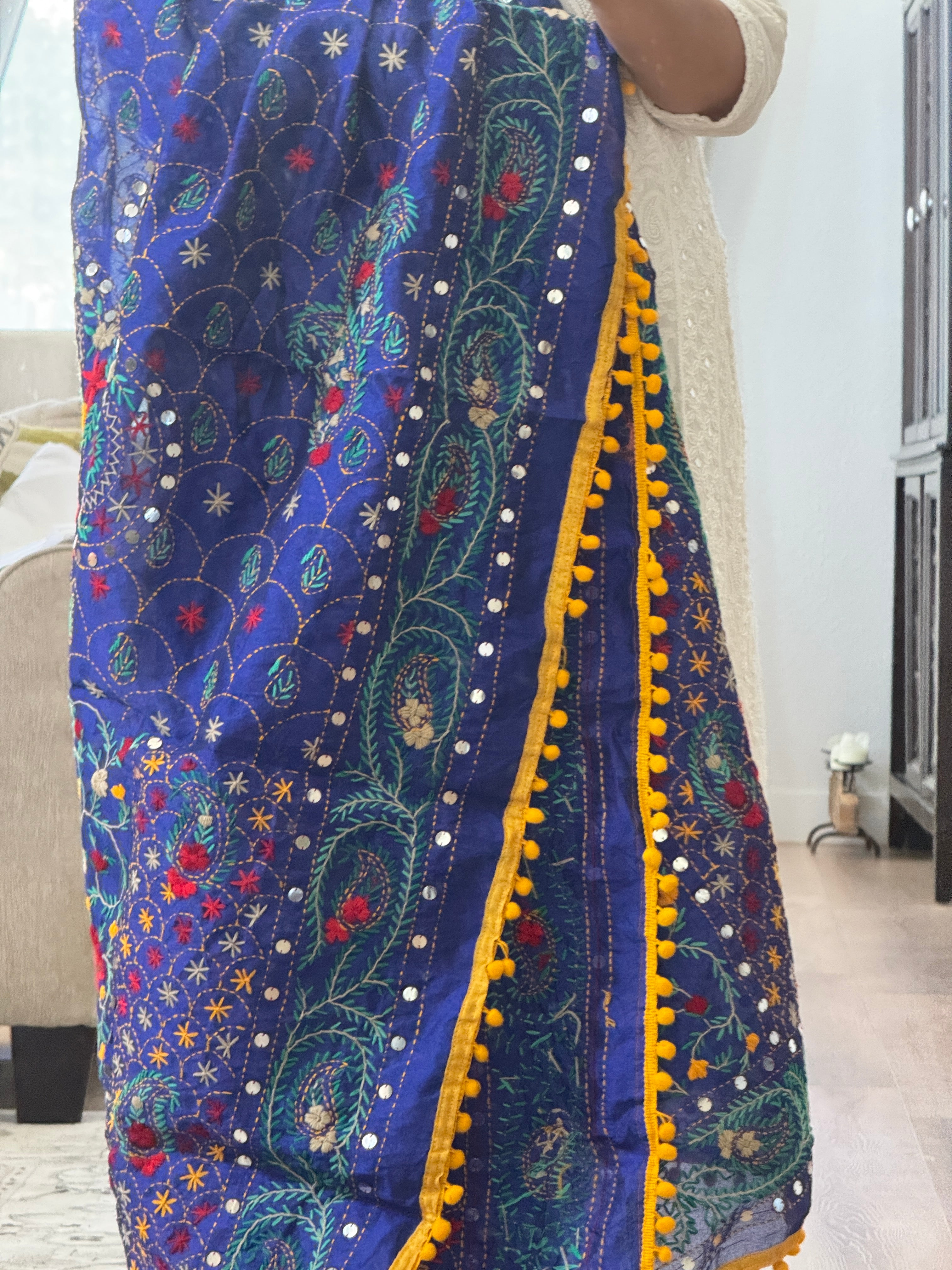 Chanderi Kantha dupatta - blue yellow