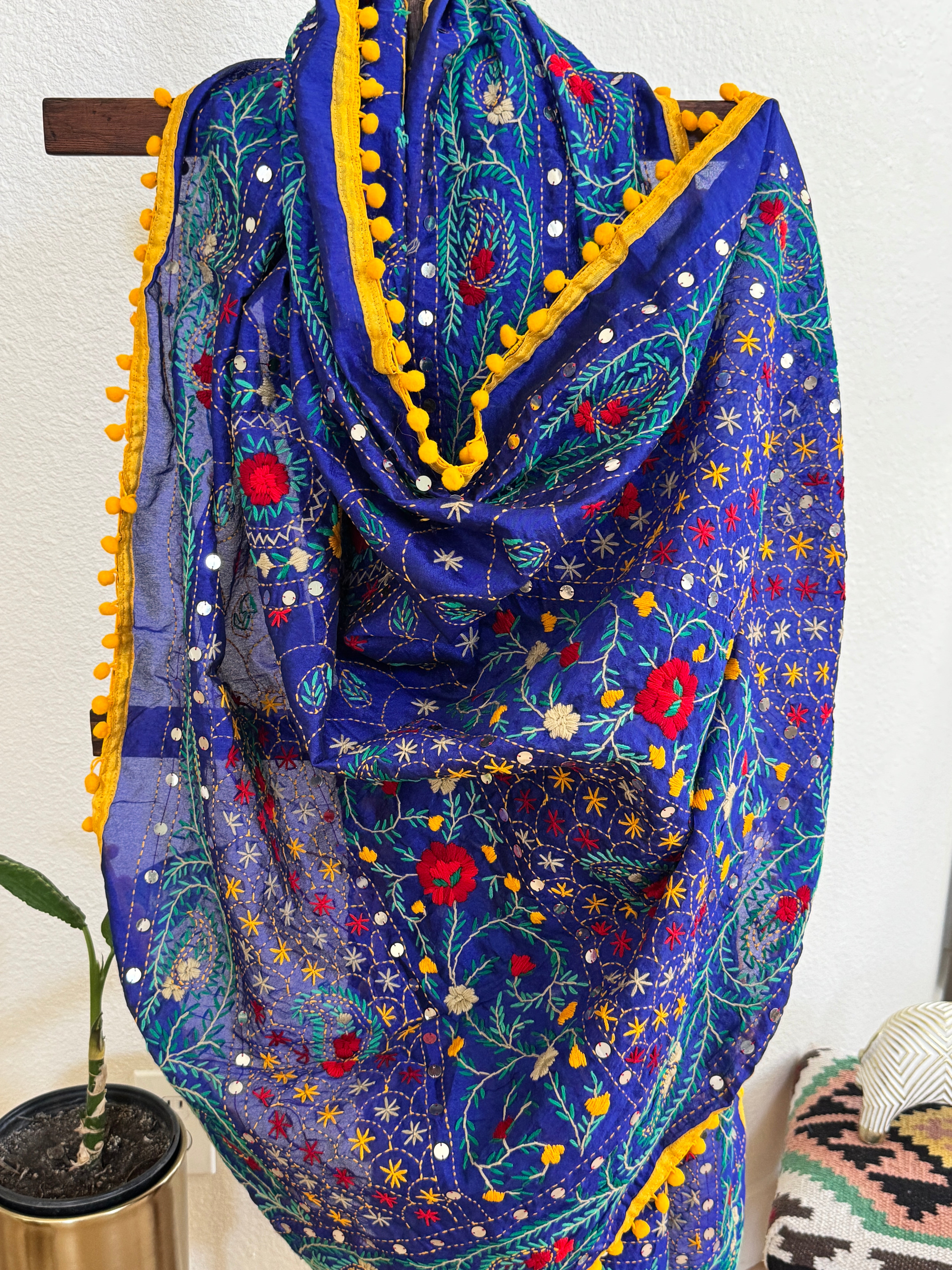 Chanderi Kantha dupatta - blue yellow