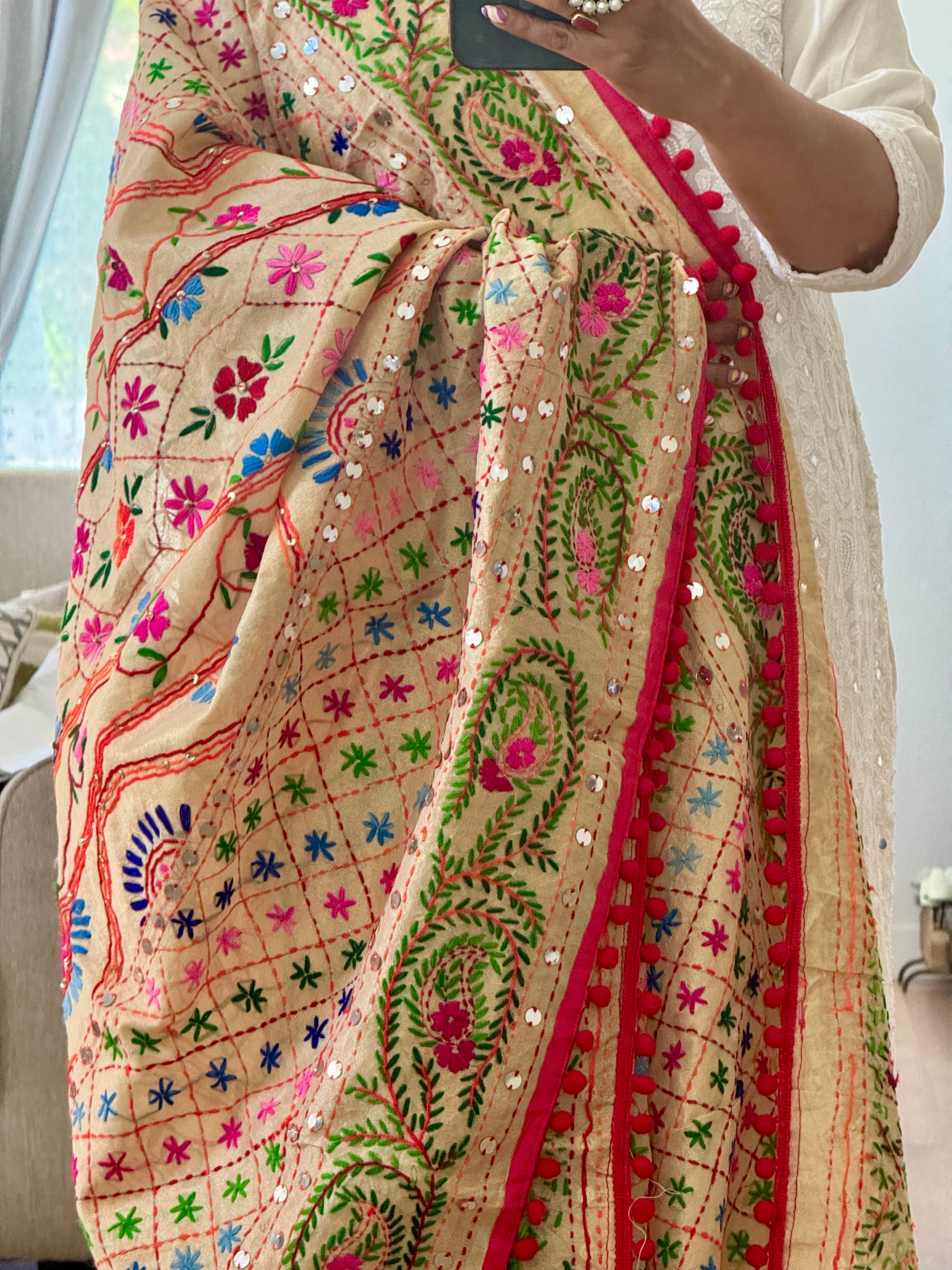 Chanderi Kantha dupatta - pink