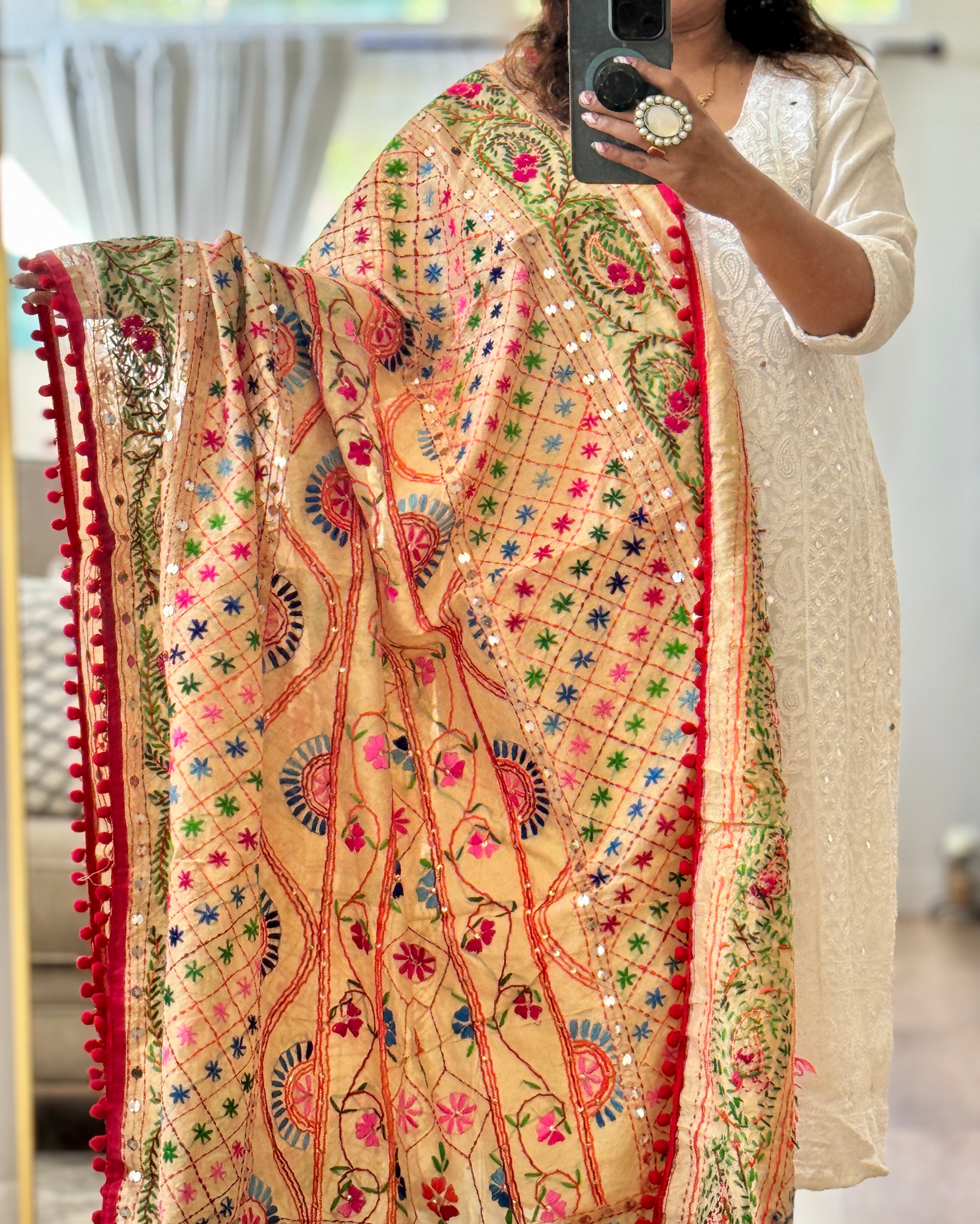 Chanderi Kantha dupatta - pink