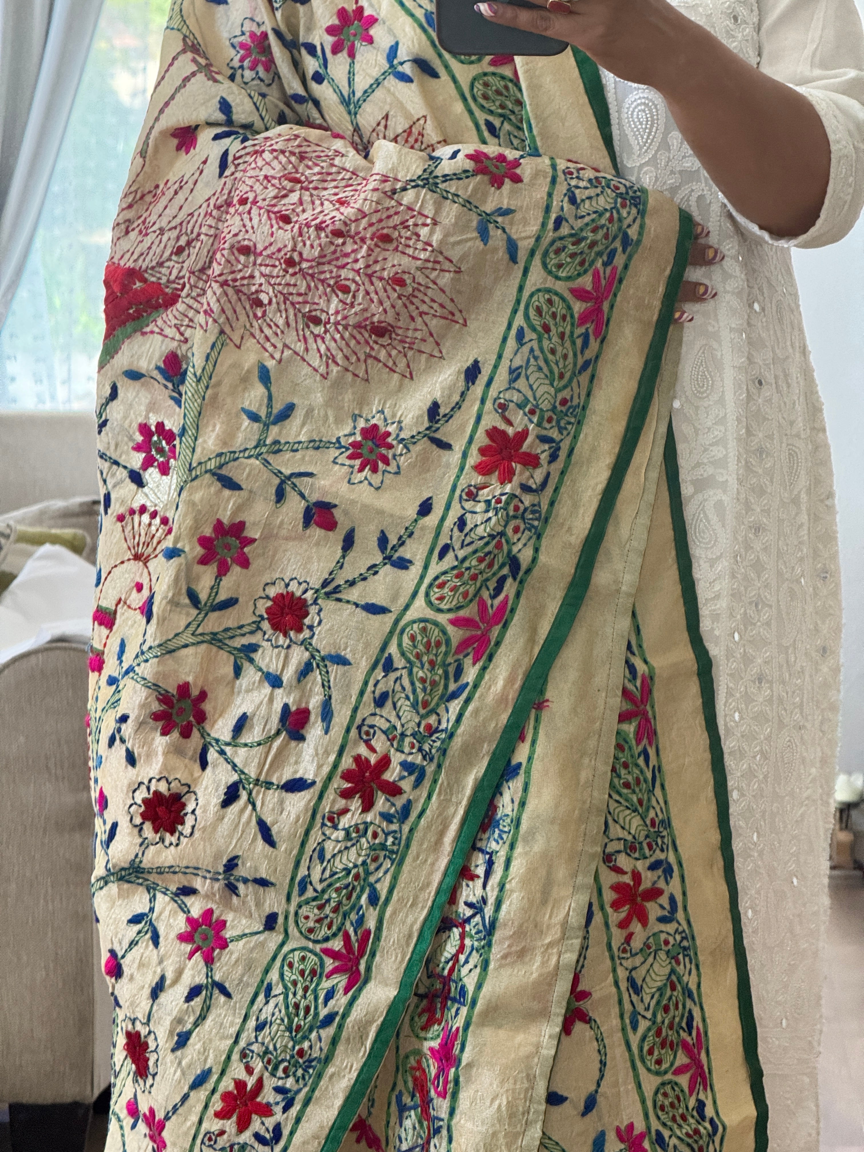 Chanderi Kantha dupatta - green