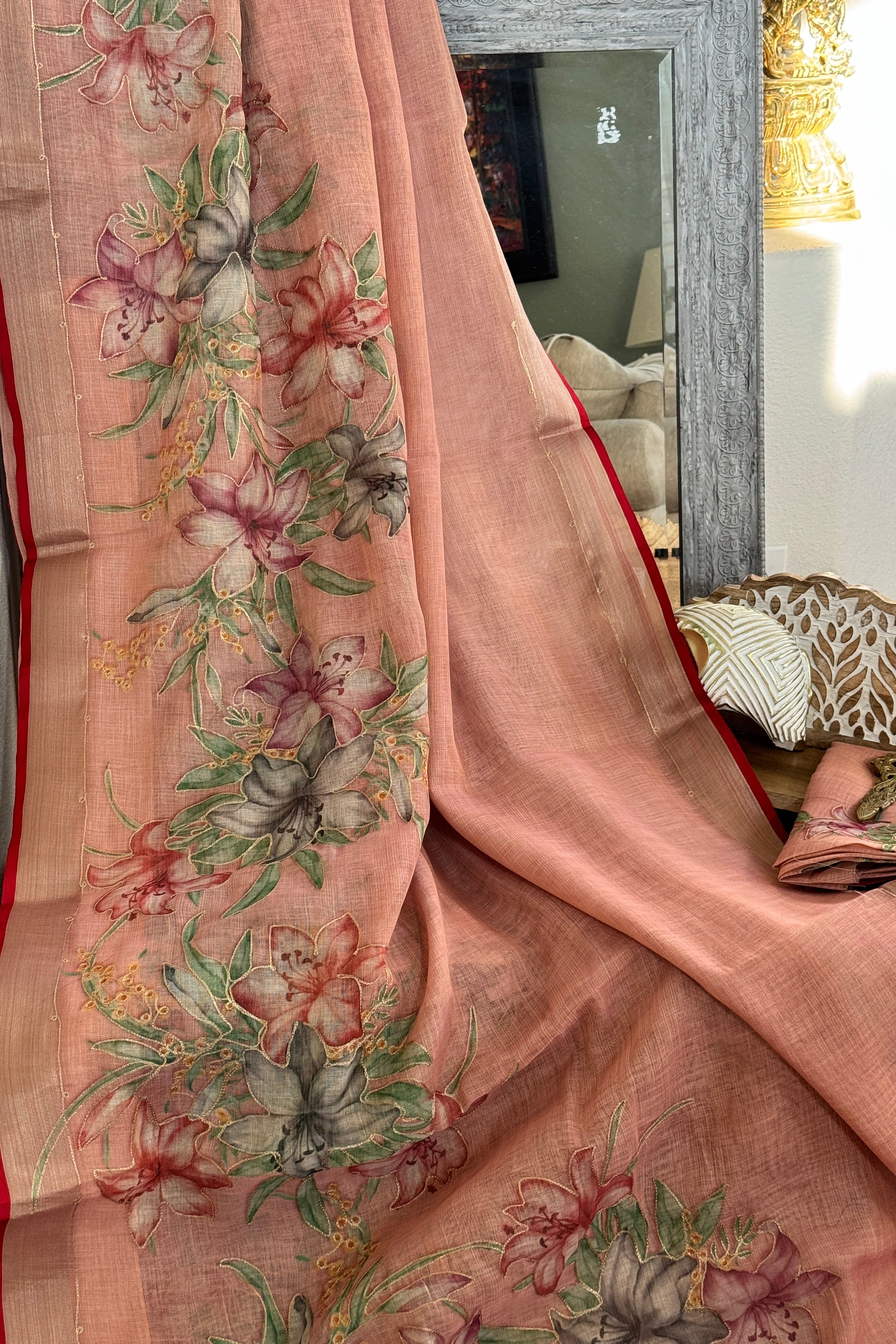 Linen Handpainted Saree with gold embroidery