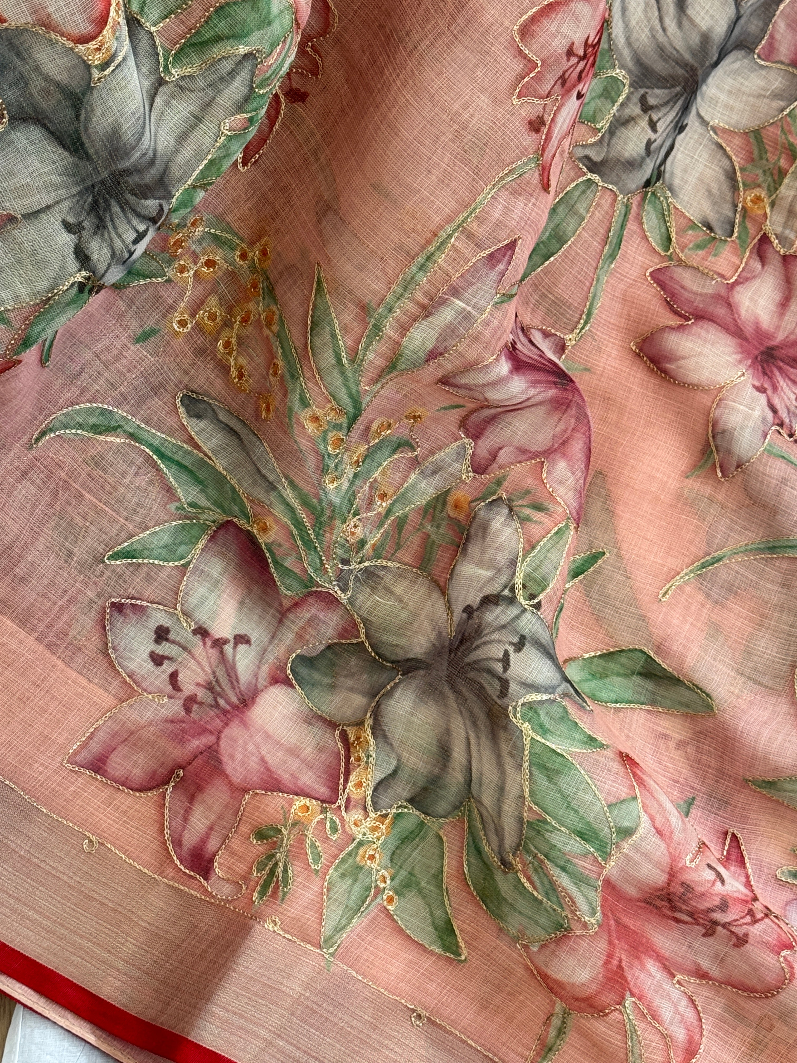 Linen Handpainted Saree with gold embroidery