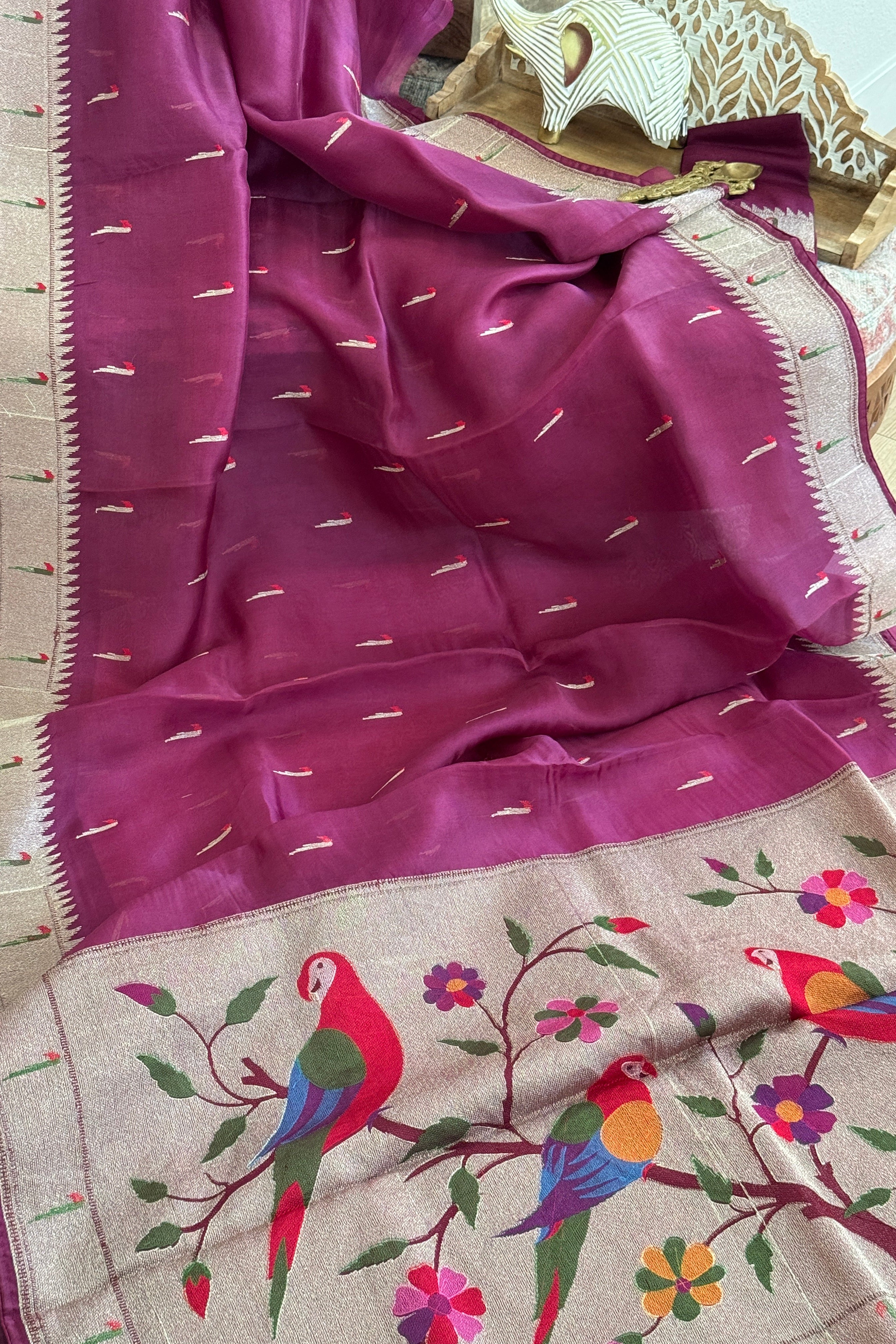 Organza with Paithani Muniya border and pallu