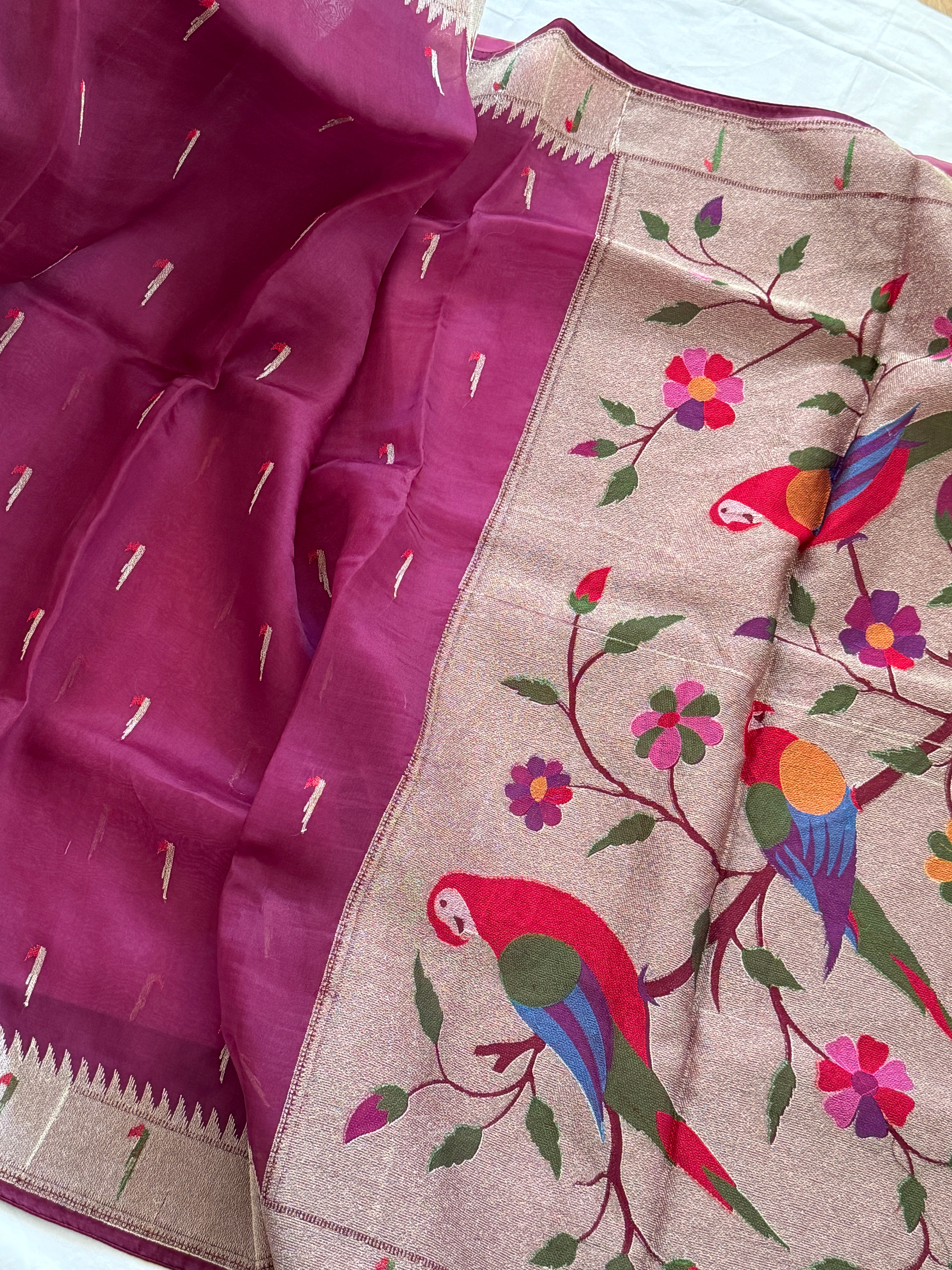 Organza with Paithani Muniya border and pallu