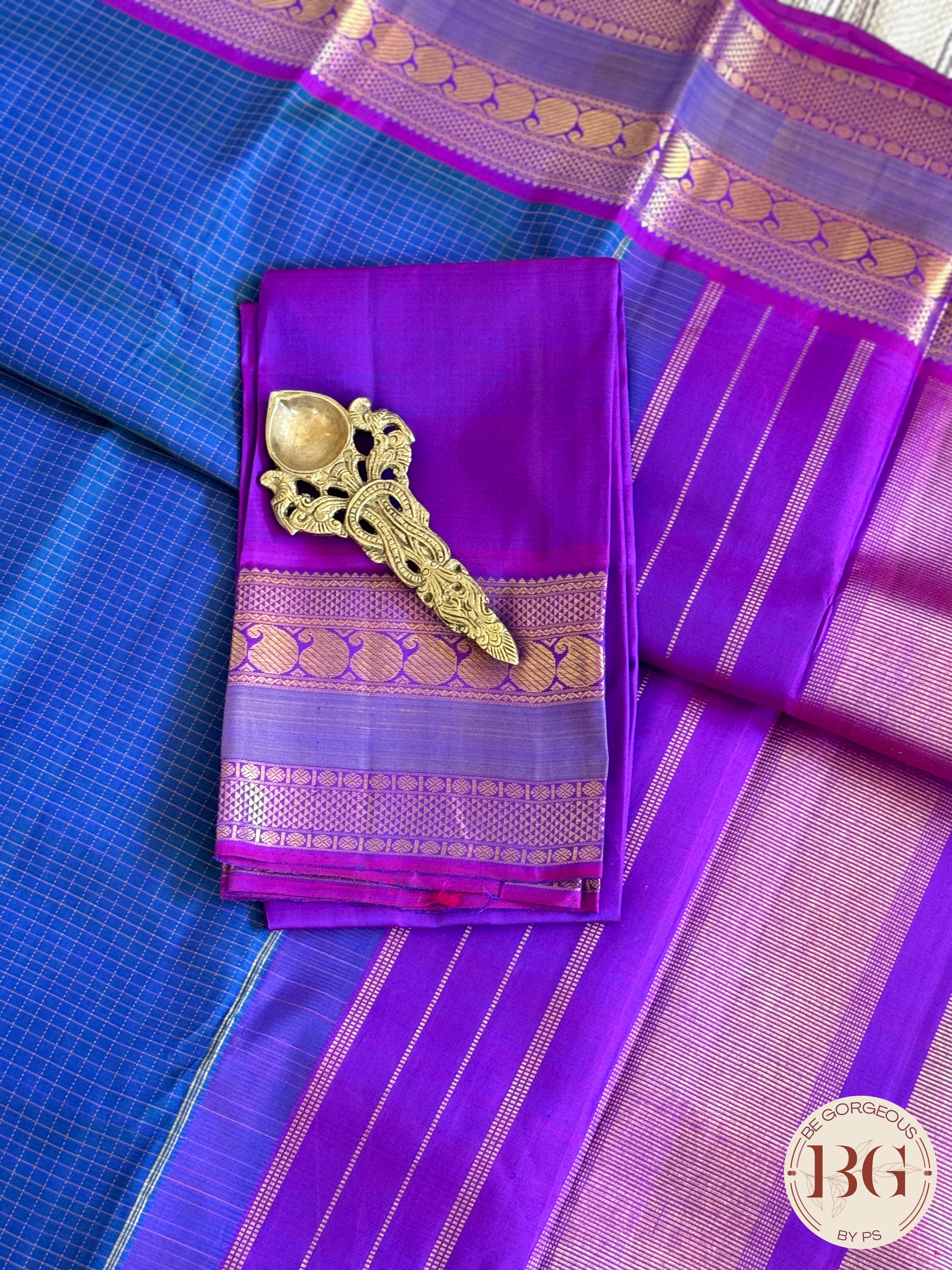 Kanjeevaram pure silk handloom saree - blue purple mini checker
