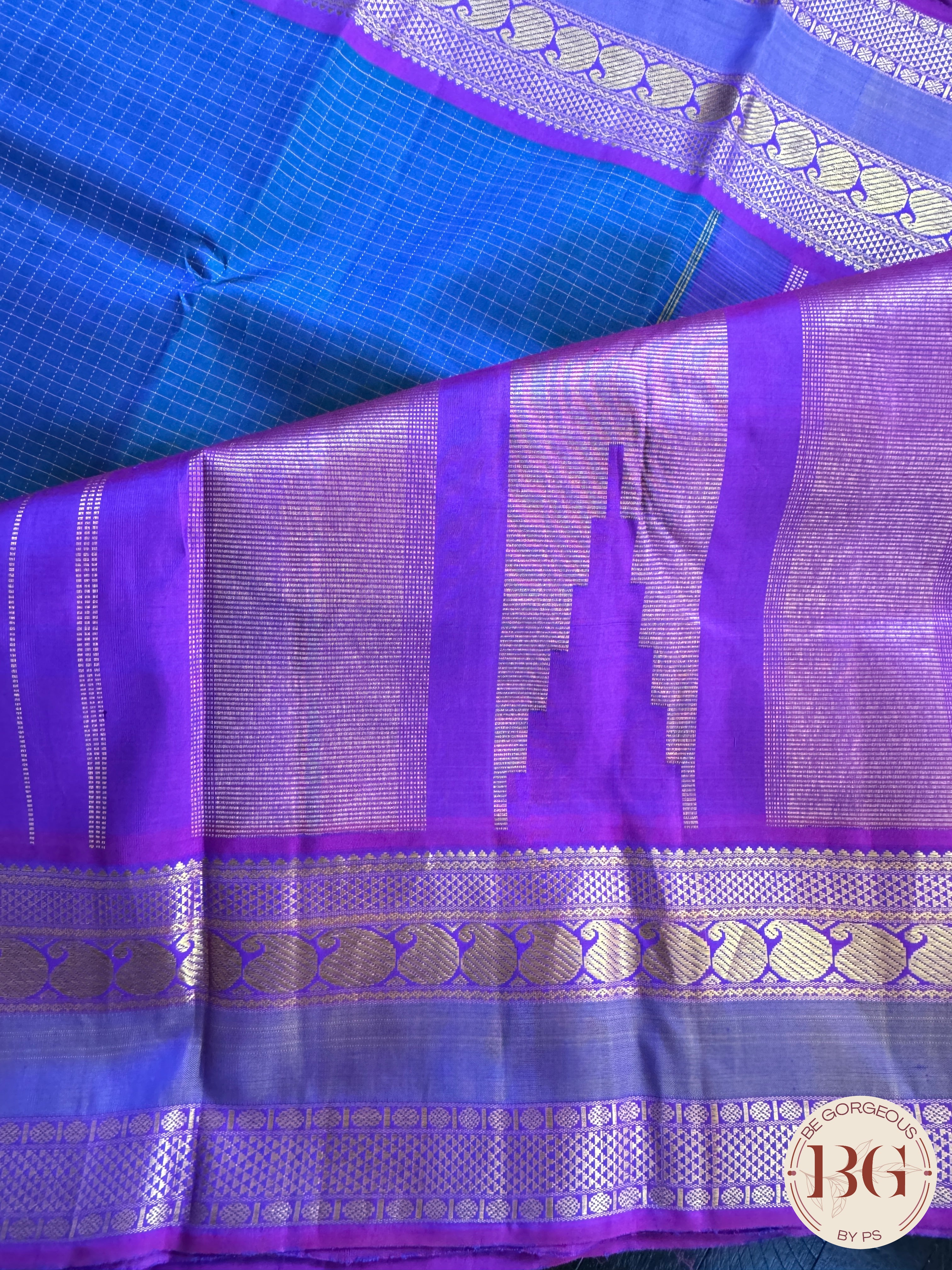 Kanjeevaram pure silk handloom saree - blue purple mini checker