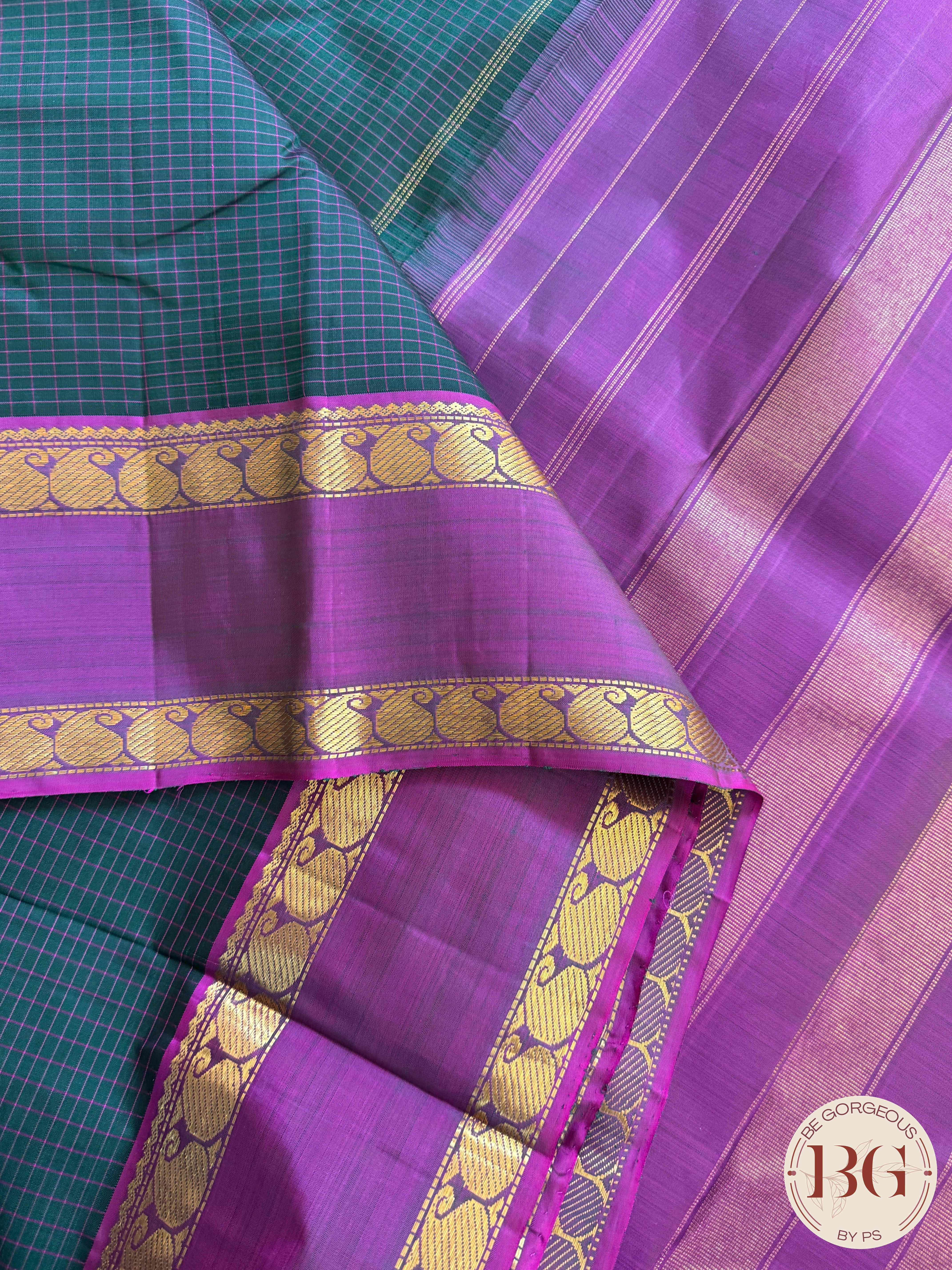 Kanjeevaram pure silk handloom saree - green purple mini checker