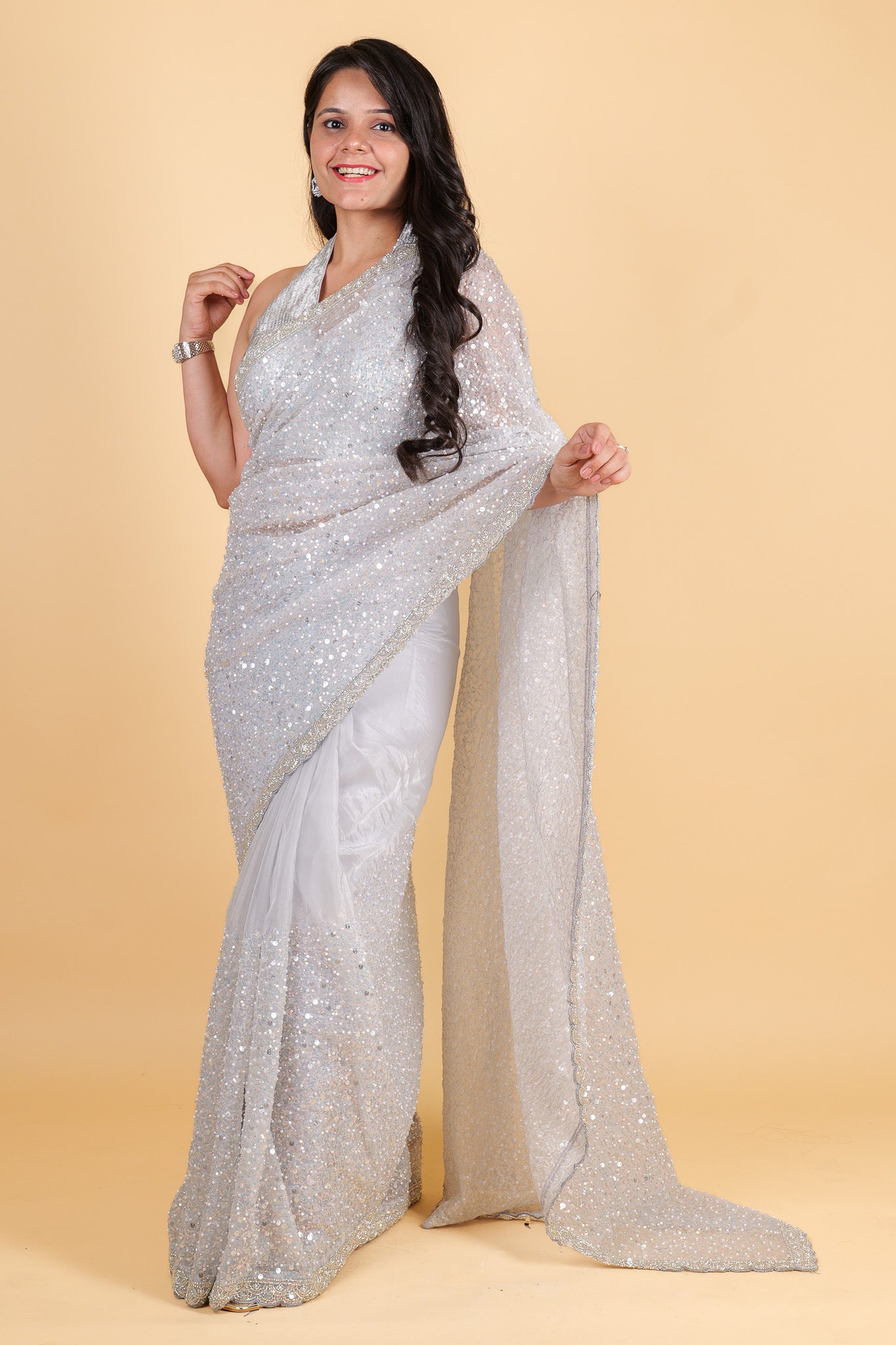 Organza with sequin, pearl work - Grey Color