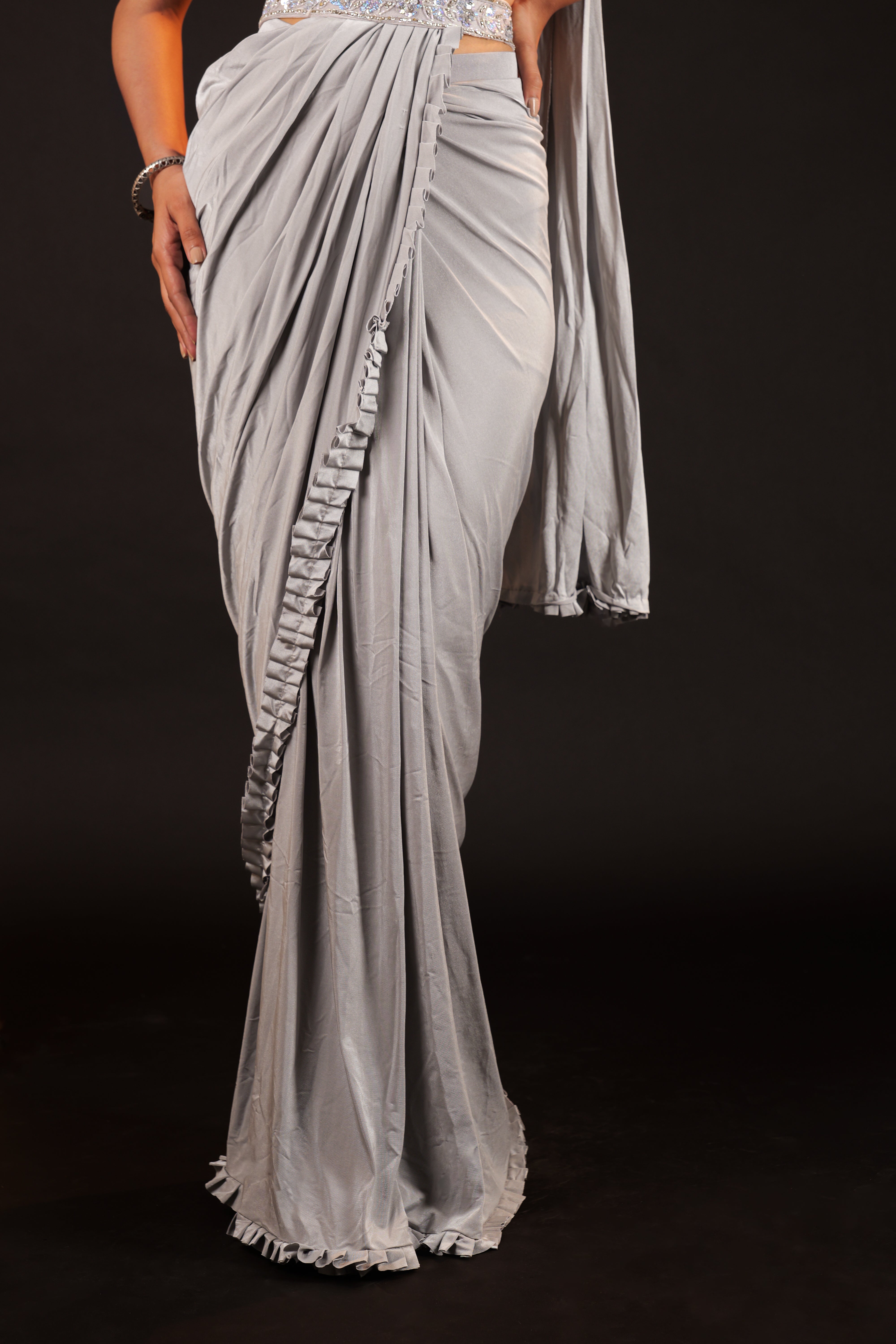Pre Stitched Saree - grey mauve