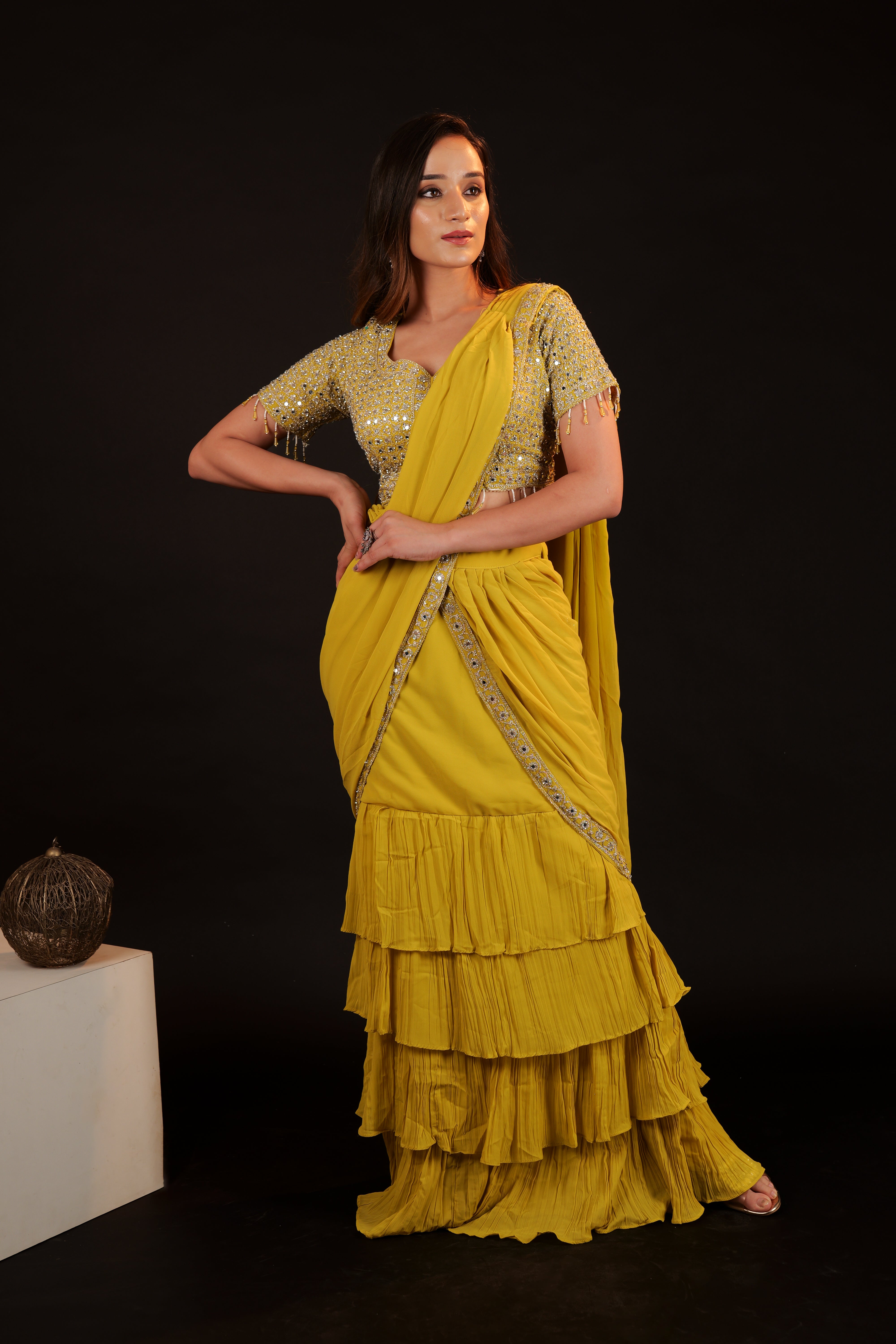 Pre Stitched Saree - green neon