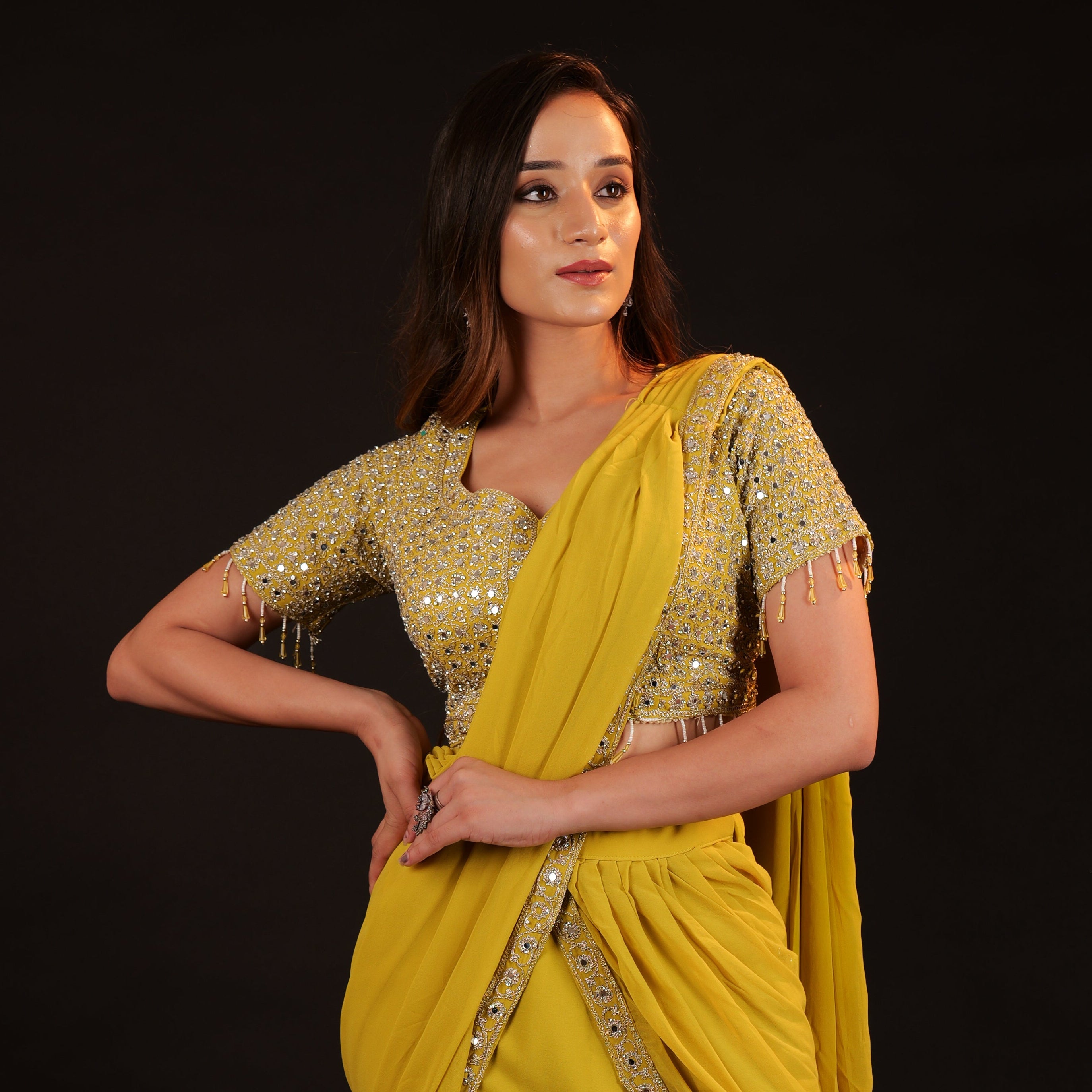 Pre Stitched Saree - green neon