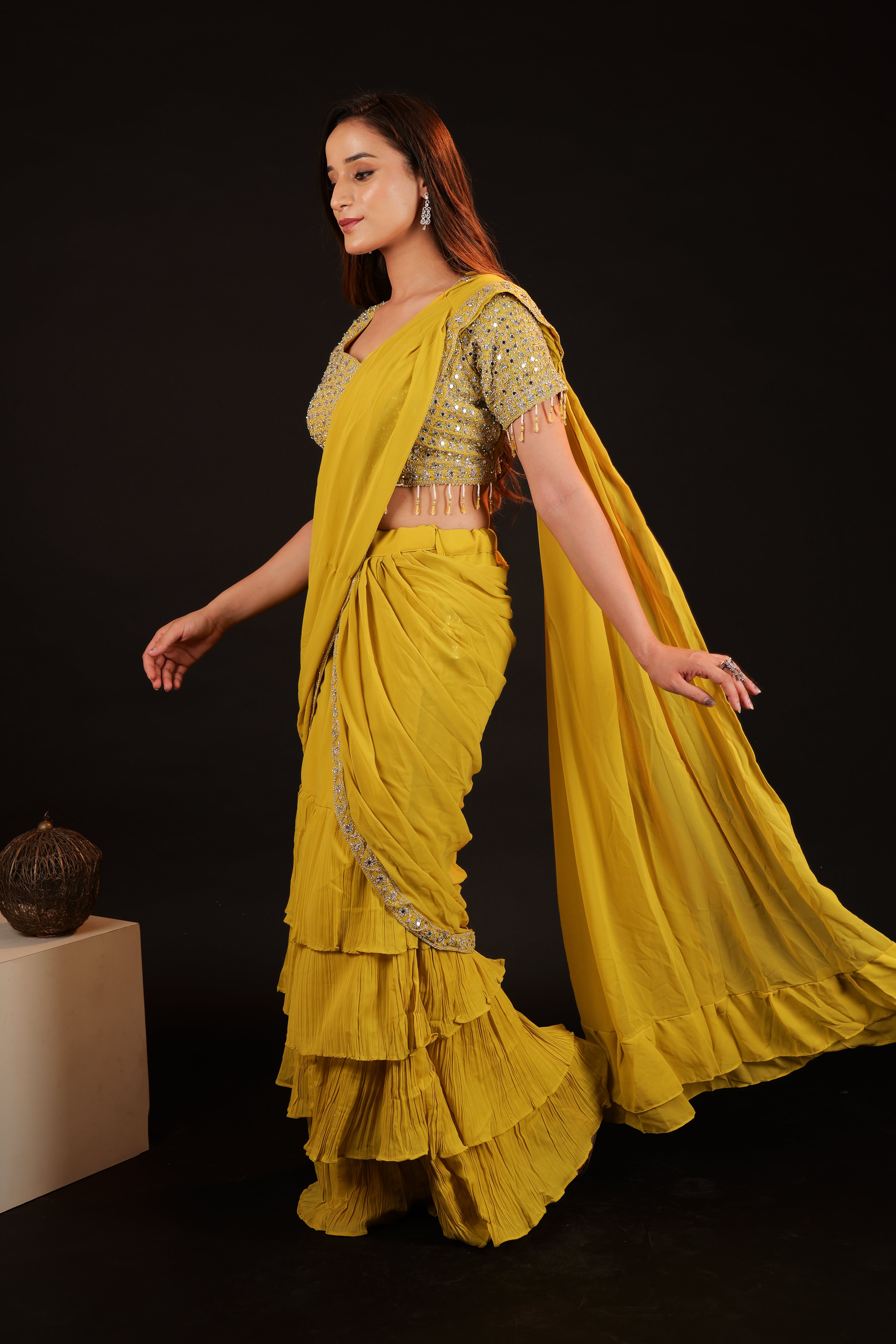 Pre Stitched Saree - green neon