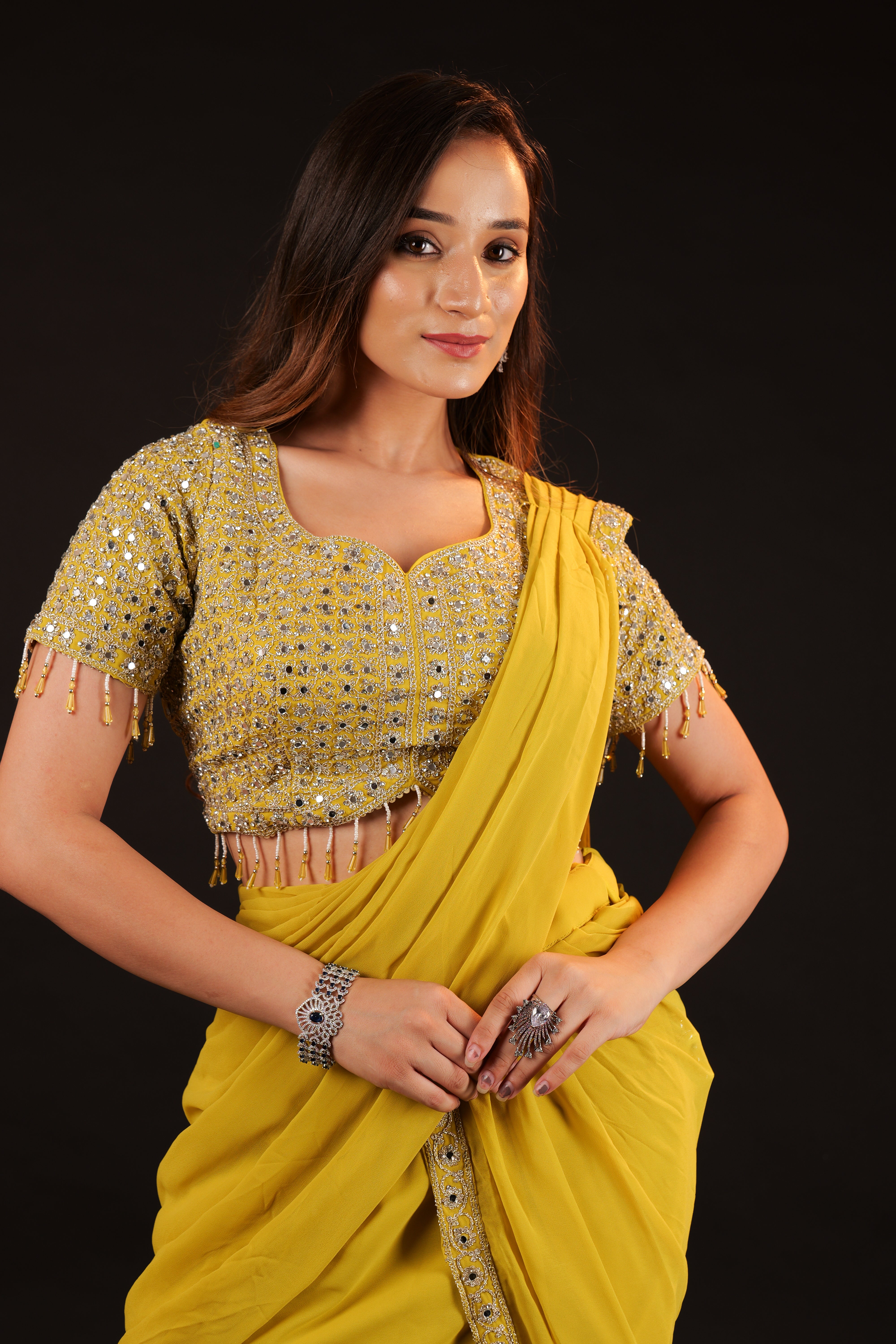 Pre Stitched Saree - green neon