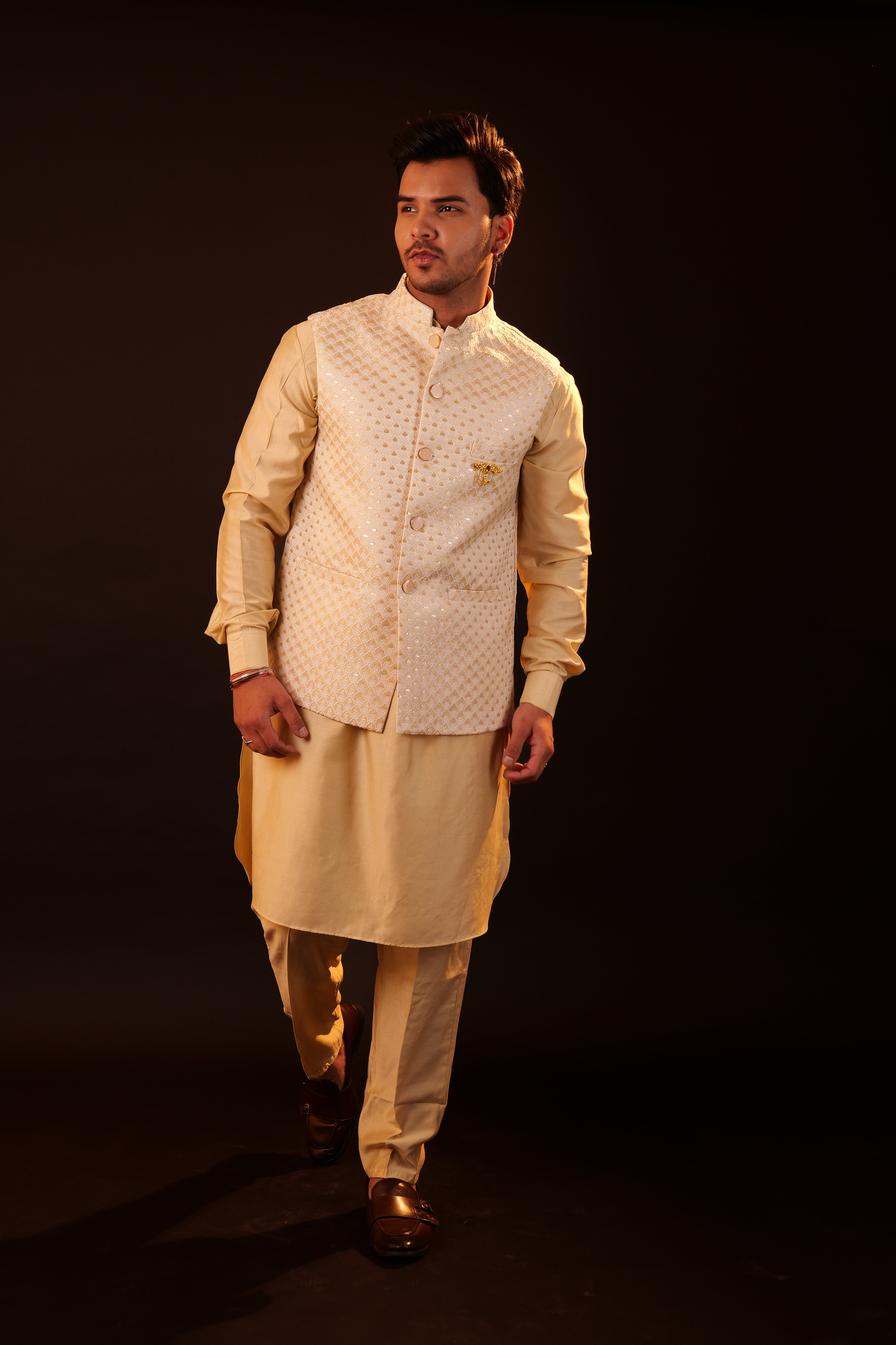 Kurta Pajama Set with Jacket - cream