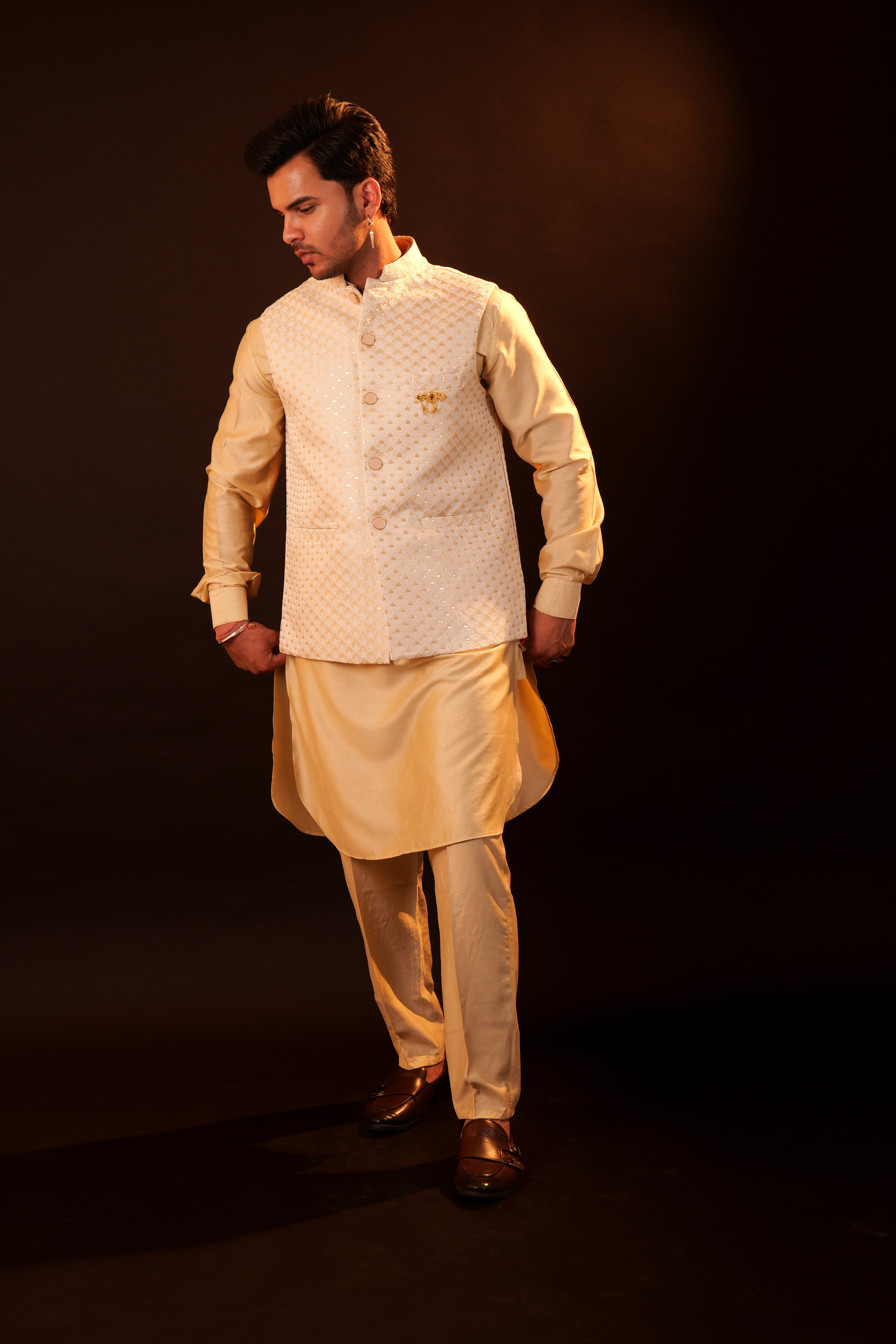 Kurta Pajama Set with Jacket - cream