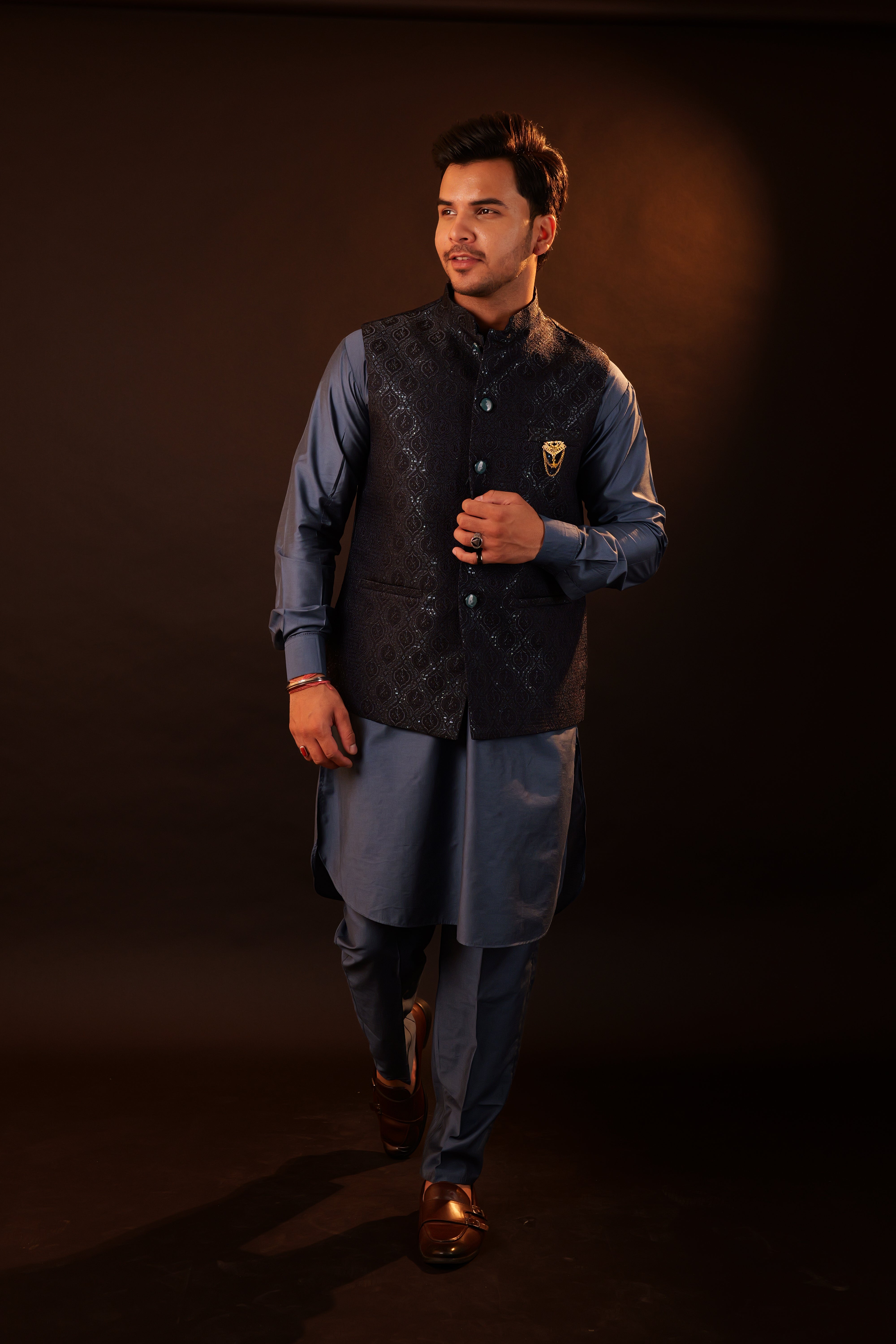 Kurta Pajama Set with Jacket - blue