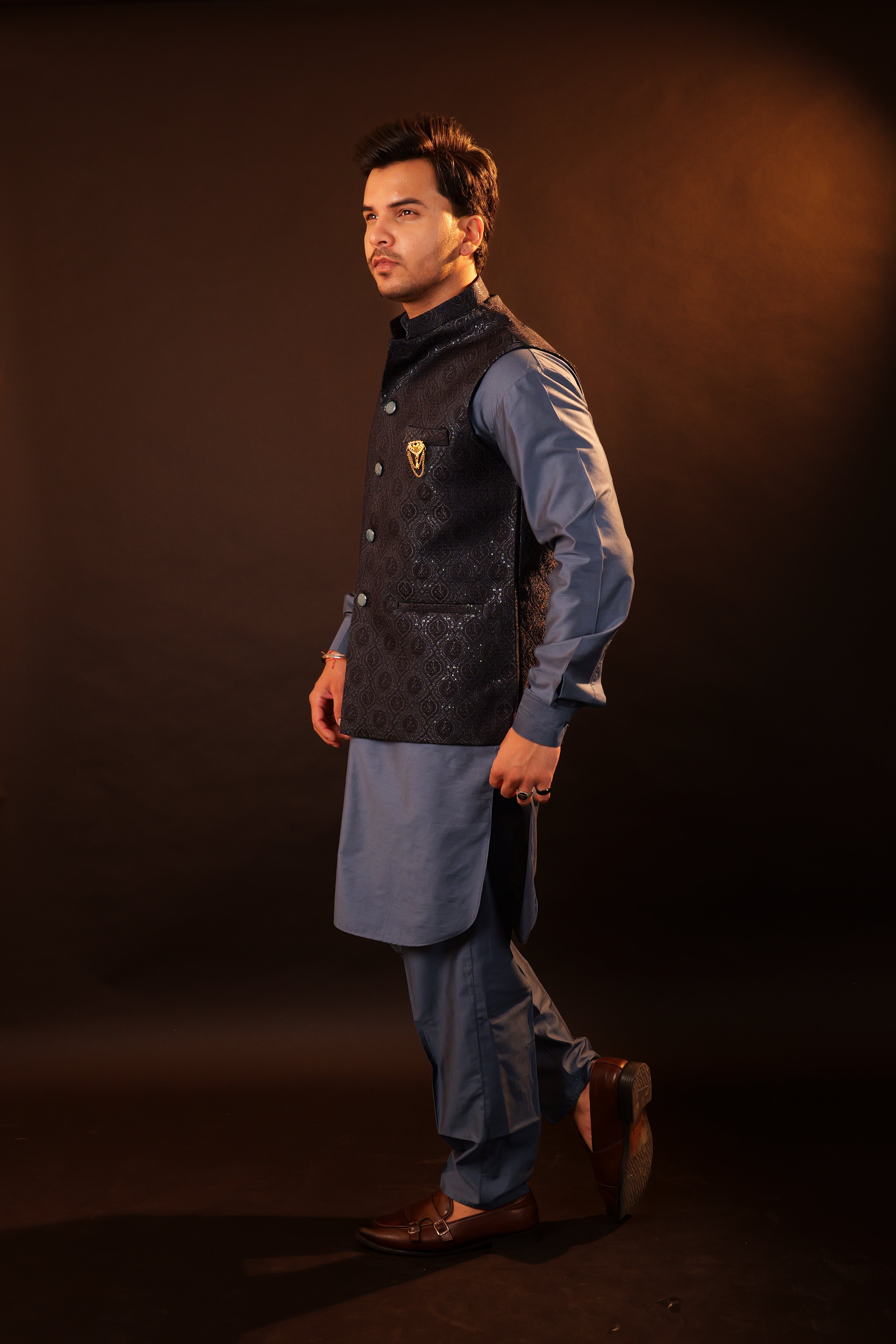 Kurta Pajama Set with Jacket - blue