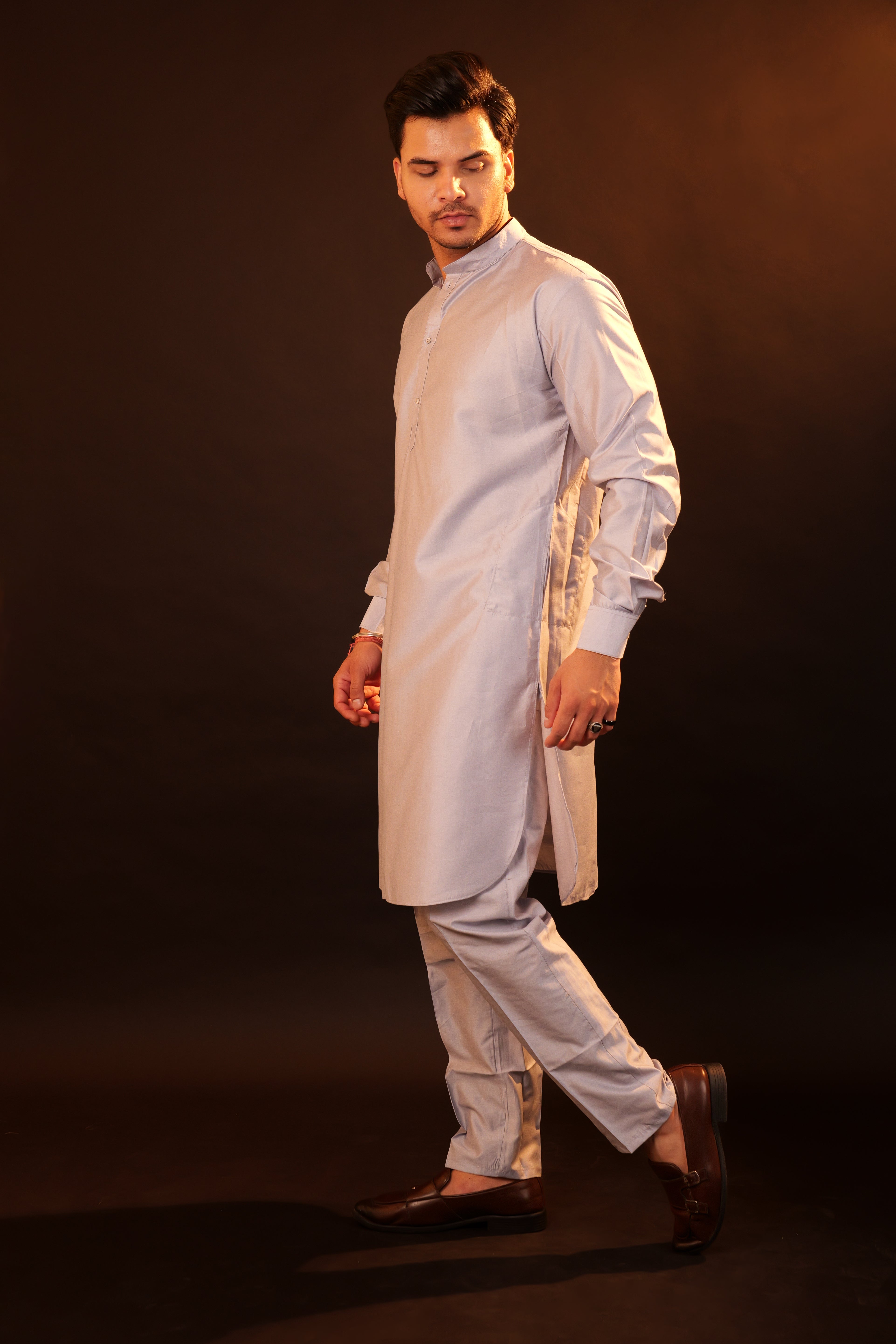 Kurta Pajama Set with Jacket - silver grey