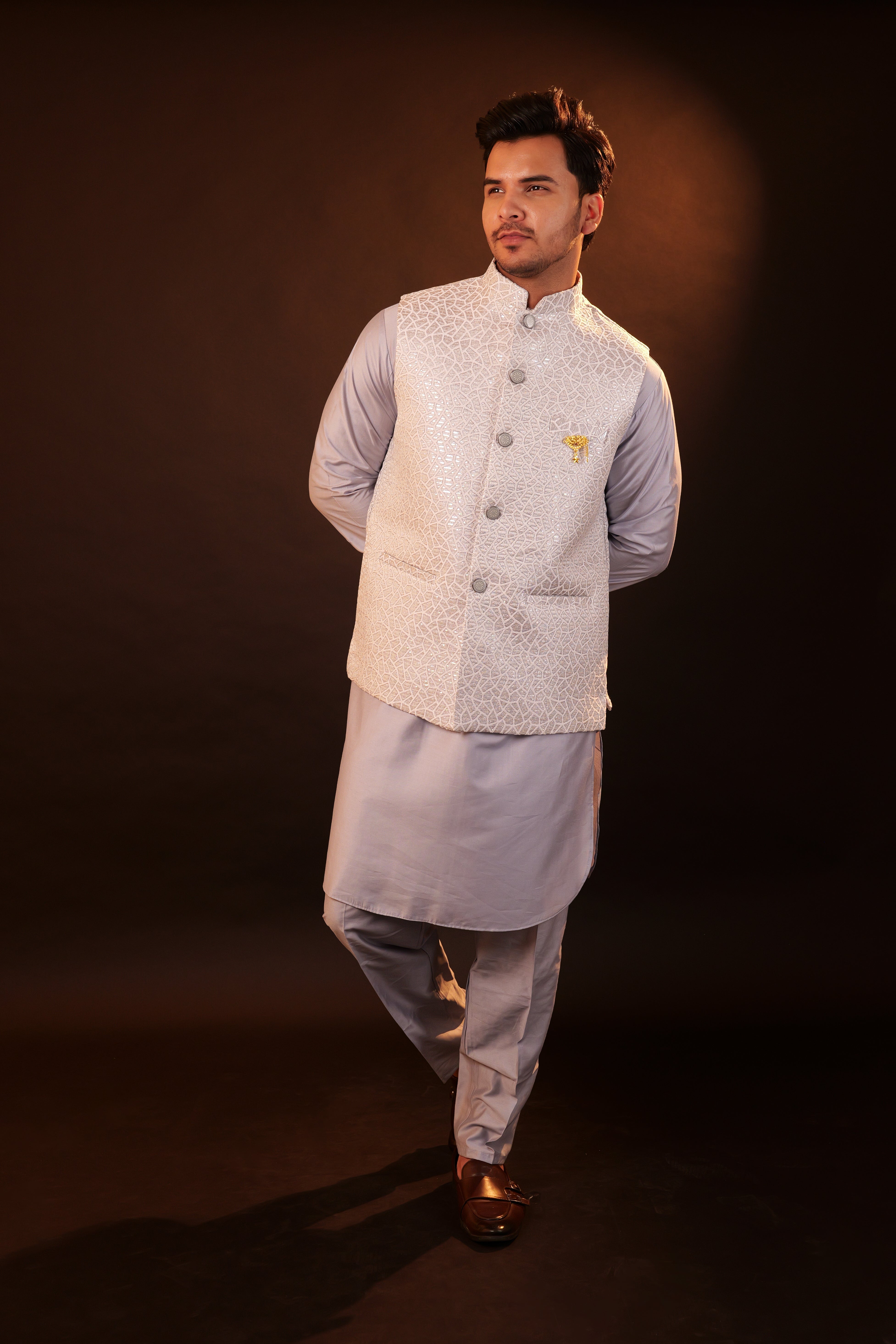 Kurta Pajama Set with Jacket - silver grey