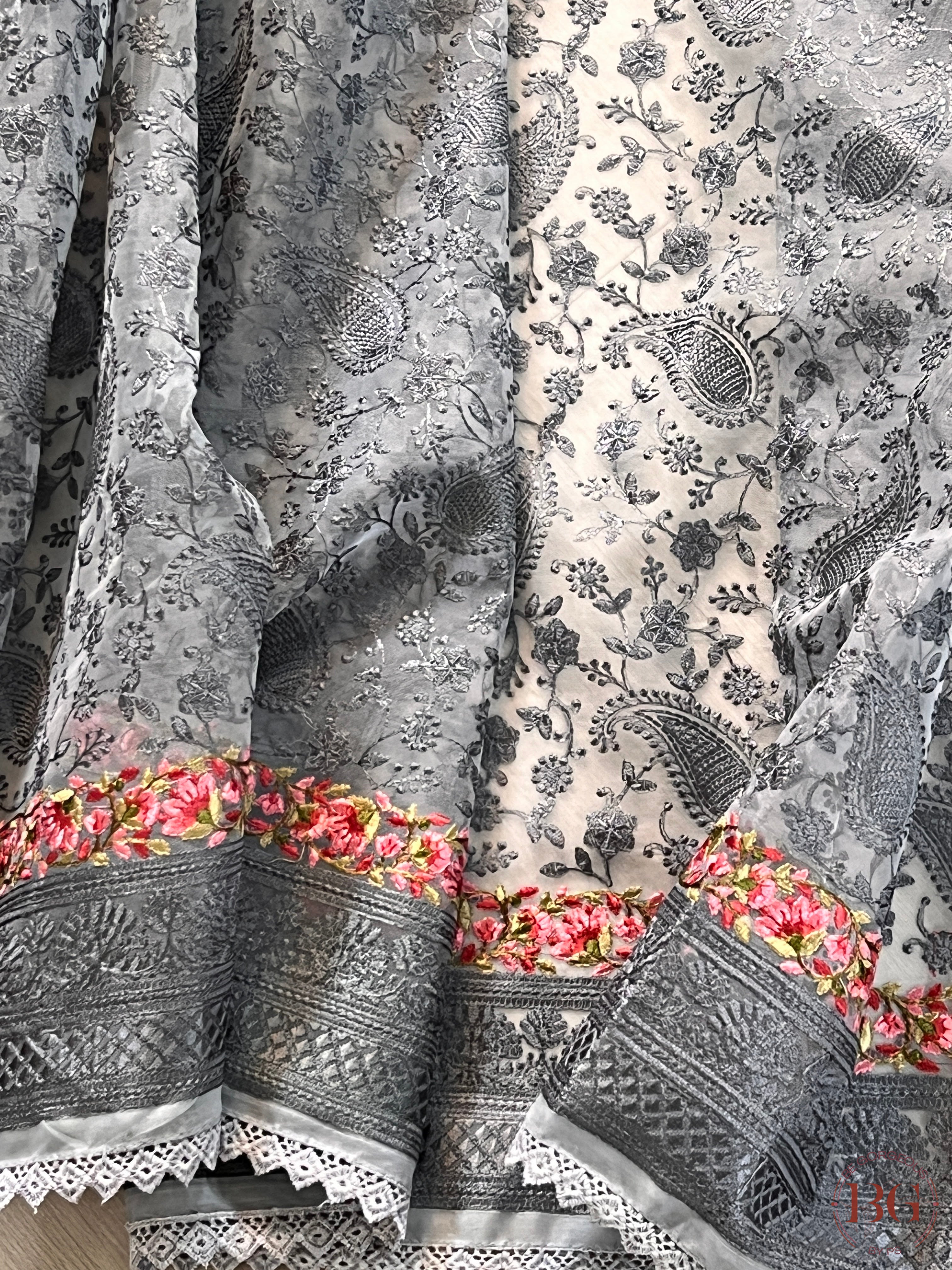 Organza with threadwork saree color - grey