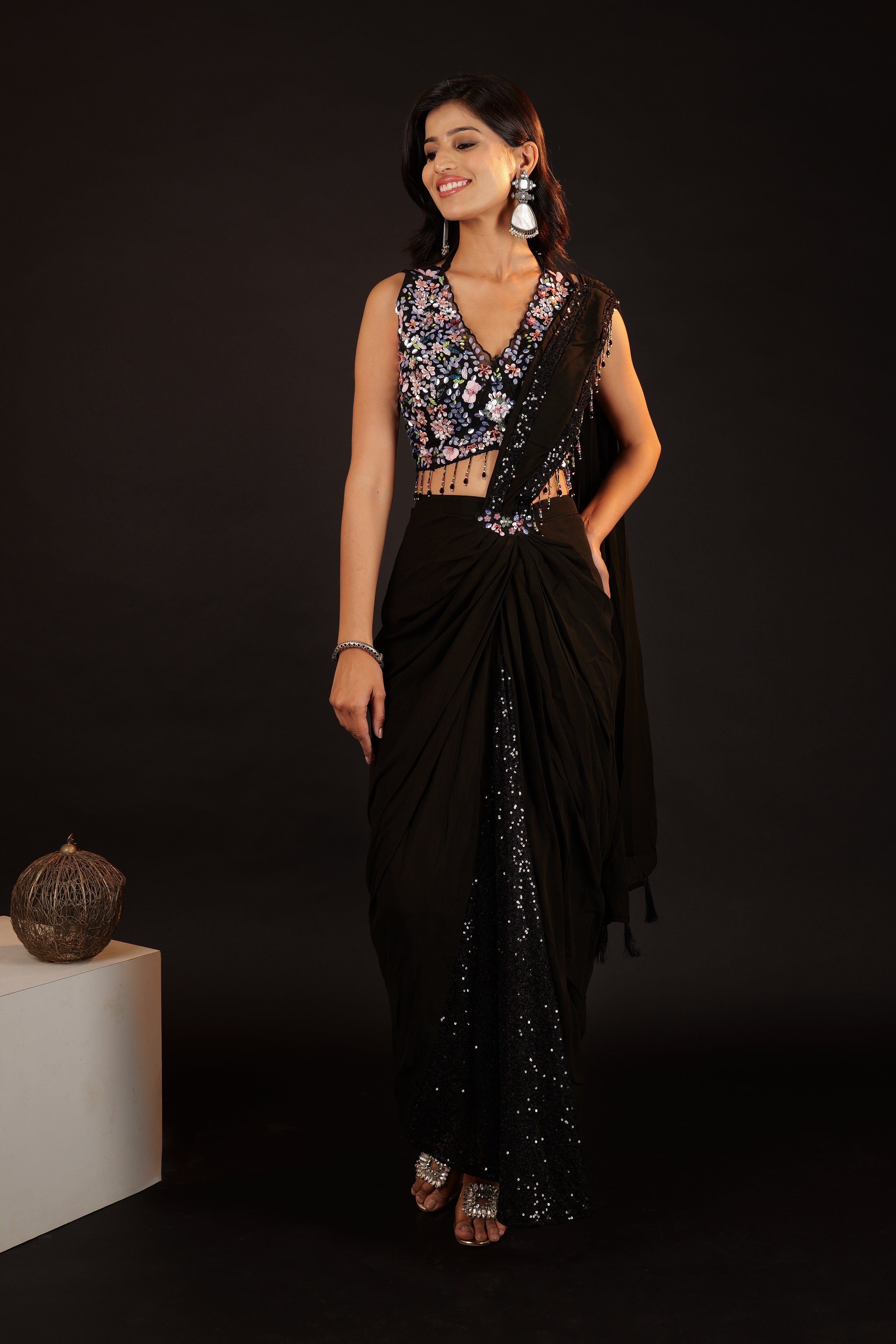 Pre Stitched Saree - black
