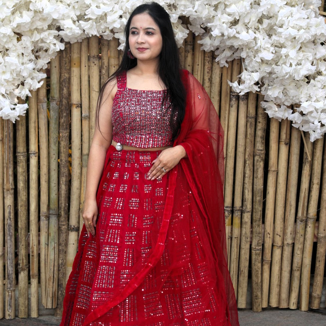 Lehenga with foil mirror and sequin work - Red