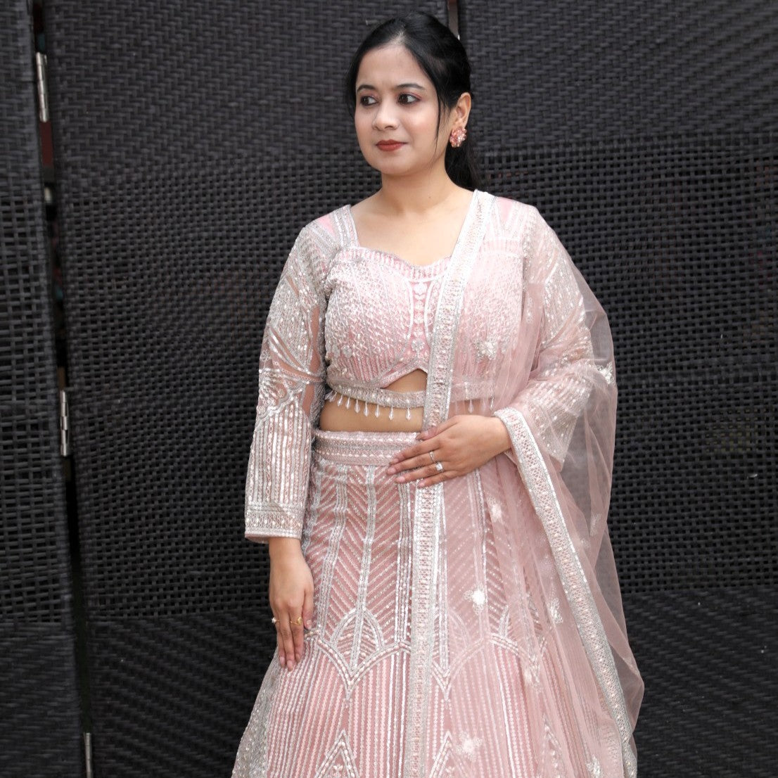 Lehenga with all over sequin and stone work - peachish pink
