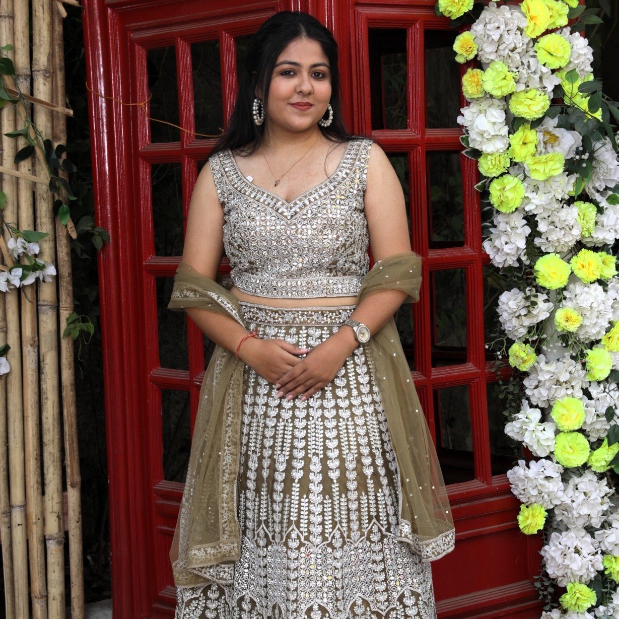 Lehenga with all over sequin and stone work - Mehendi Green