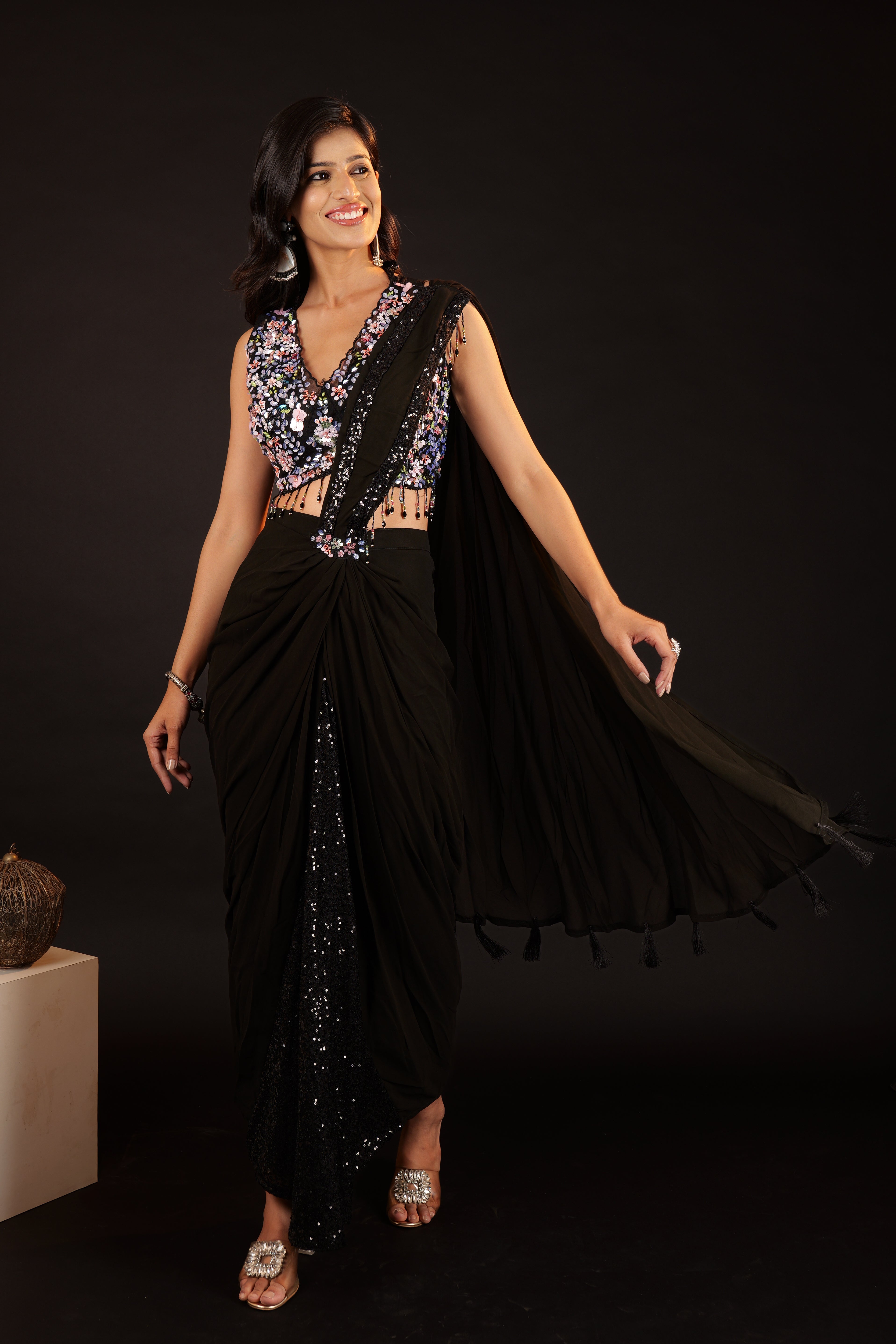 Pre Stitched Saree - black