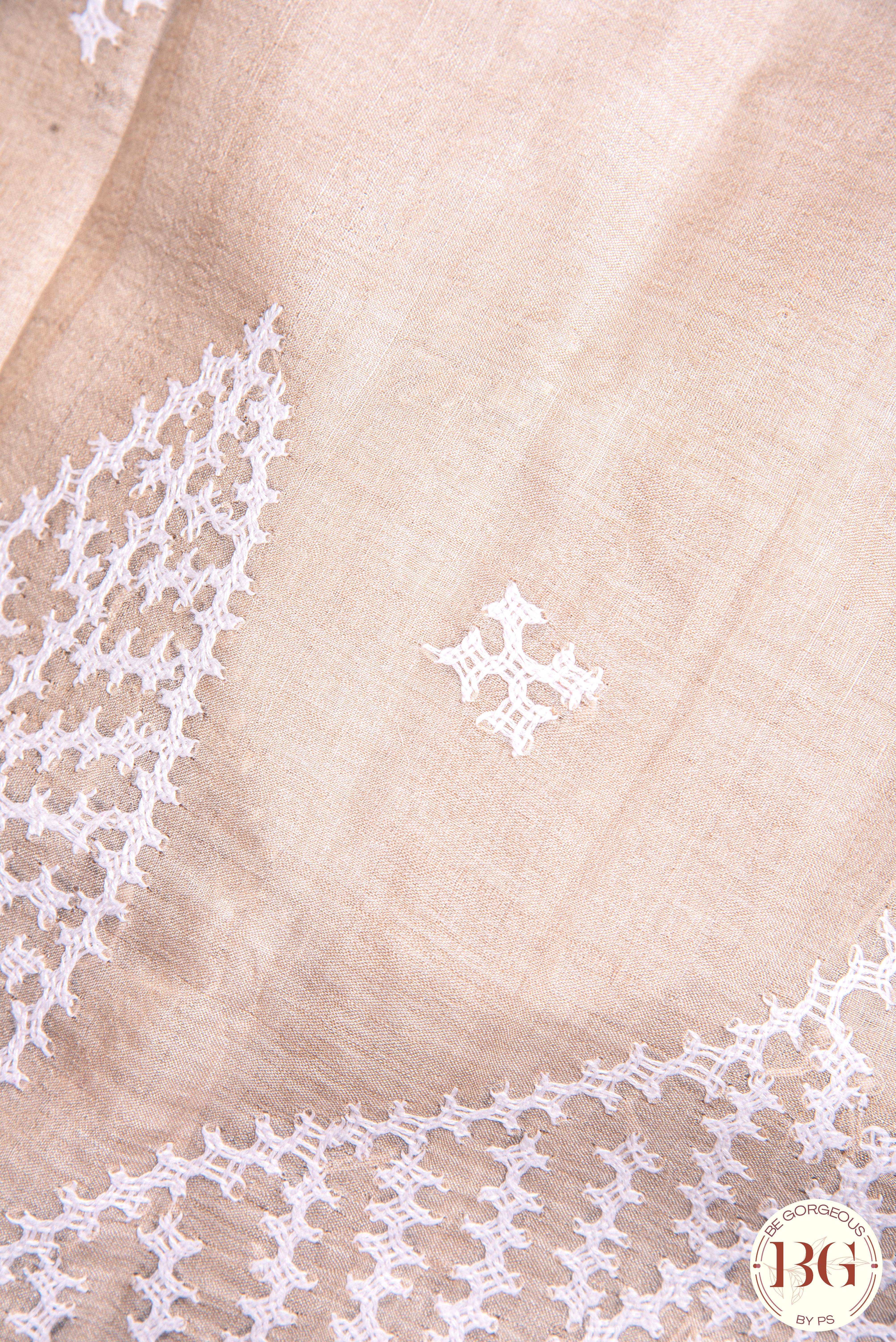 Kantha Stitch Saree on tussar silk - Beige with White