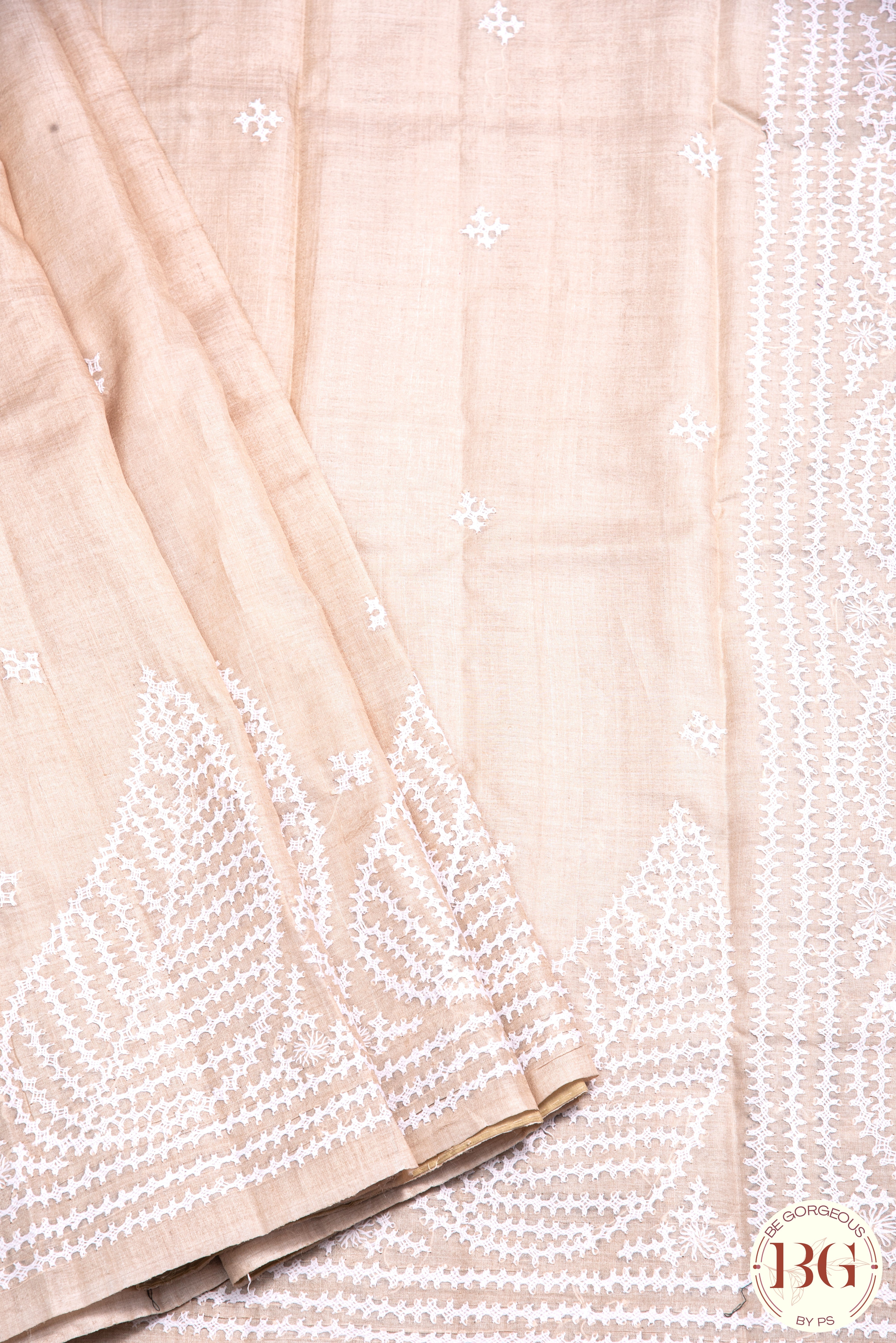 Kantha Stitch Saree on tussar silk - Beige with White
