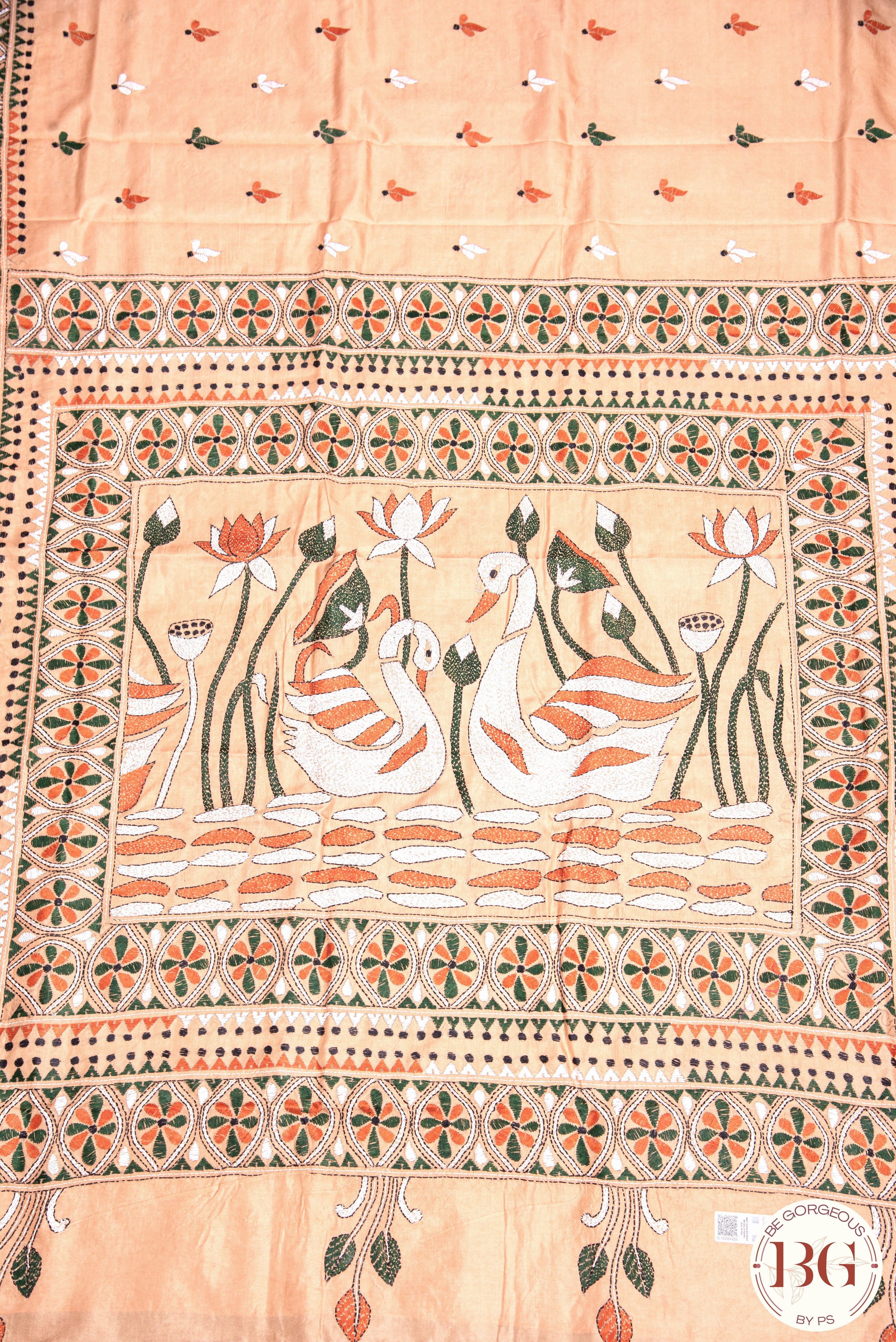 Kantha Stitch Saree on Bangalore Silk - Orange,White and Black