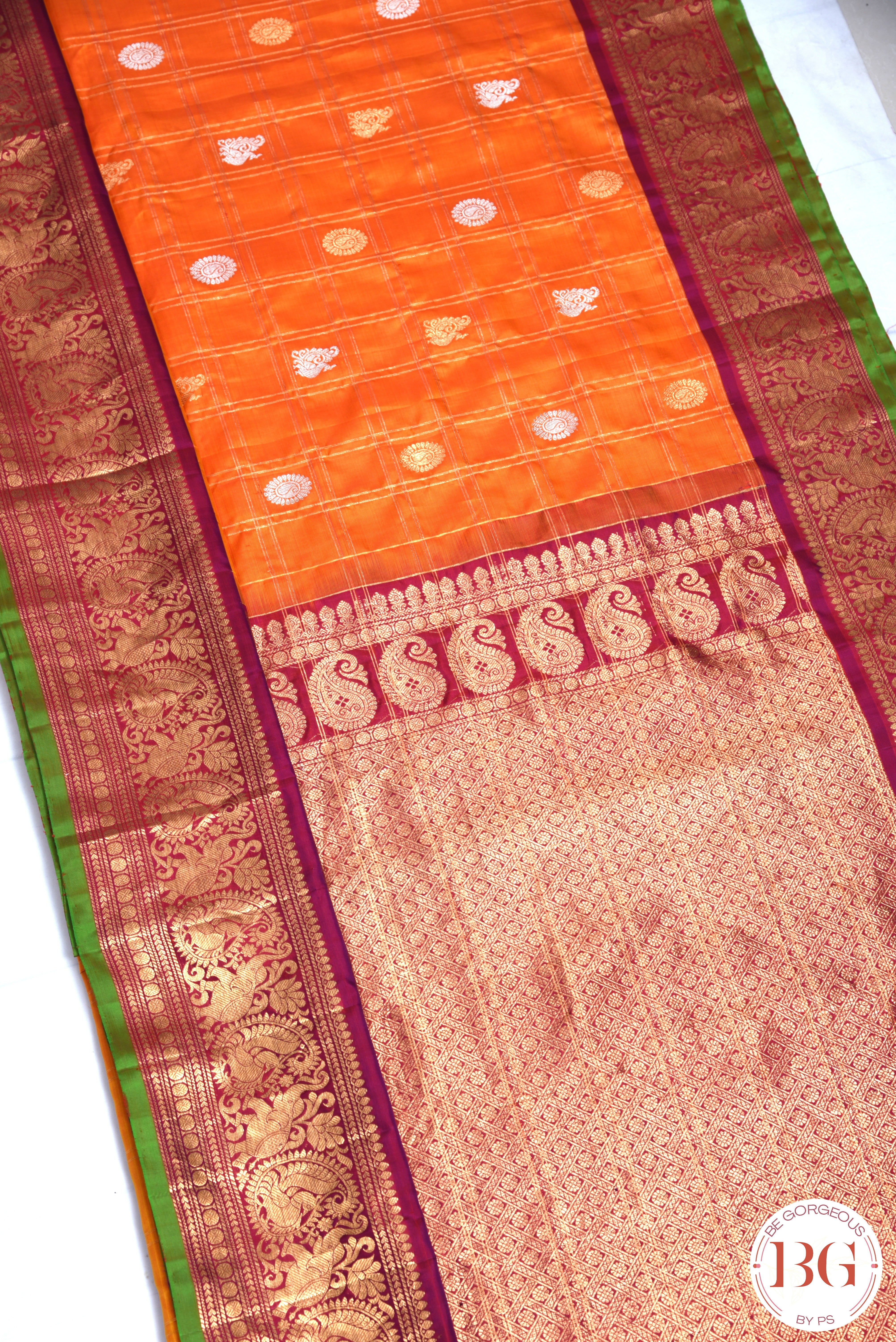 Kuttu Gadwal Pure silk handloom saree - Mustard Orange with Purple