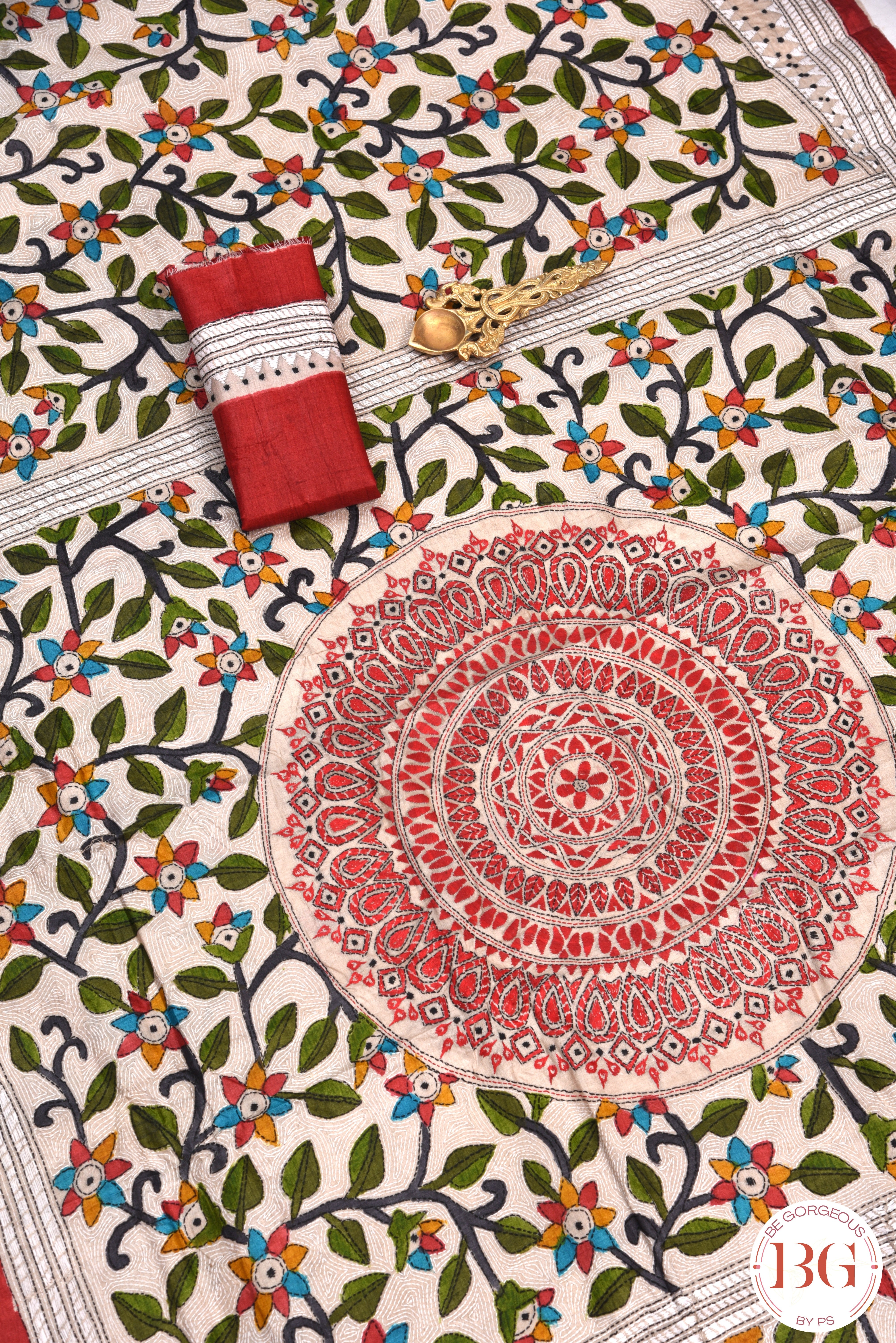 Kantha Stitch Saree on tussar silk - Beige with multicolor