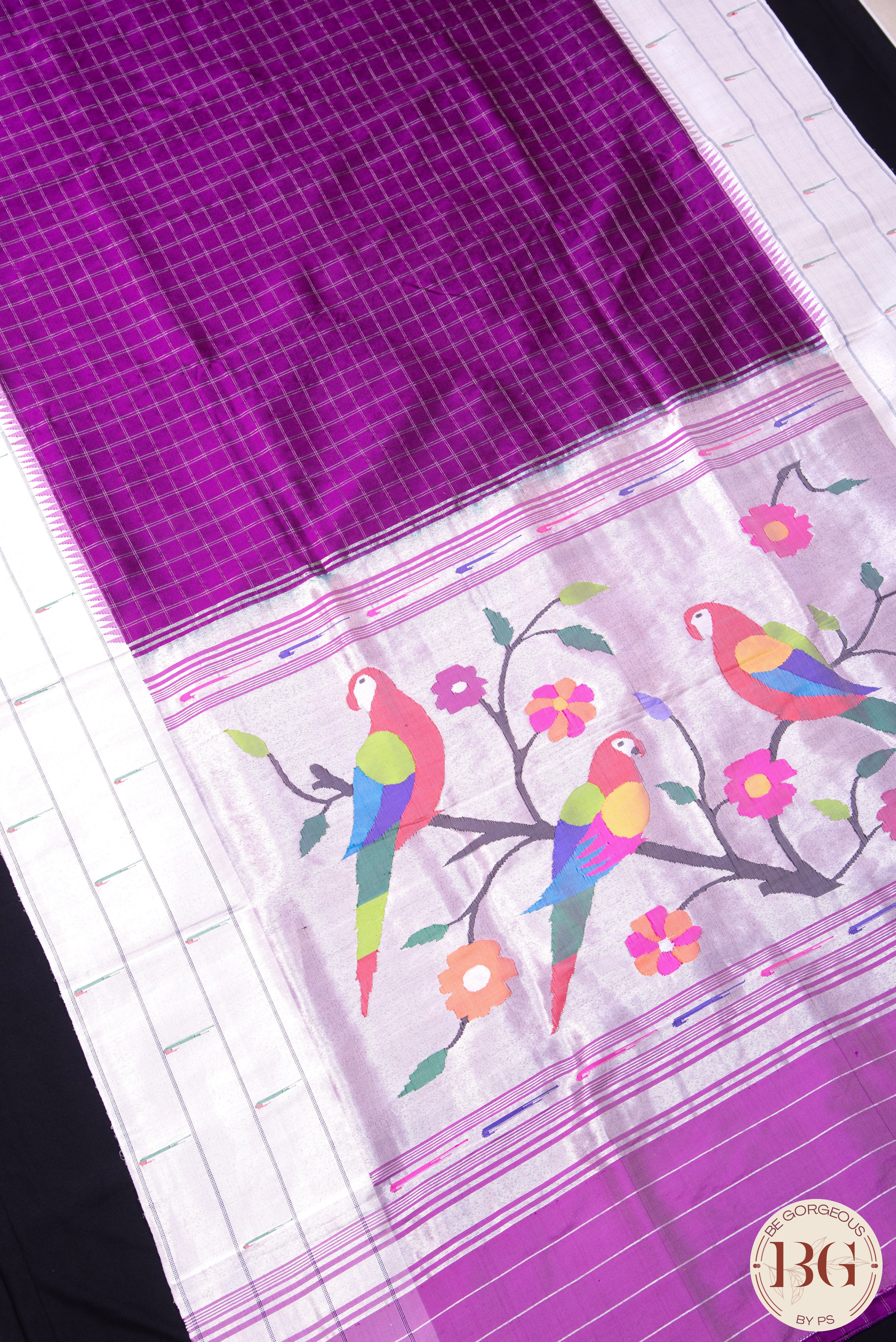 Paithani Saree with Triple Muniya border checker body and parrot pallu - purple