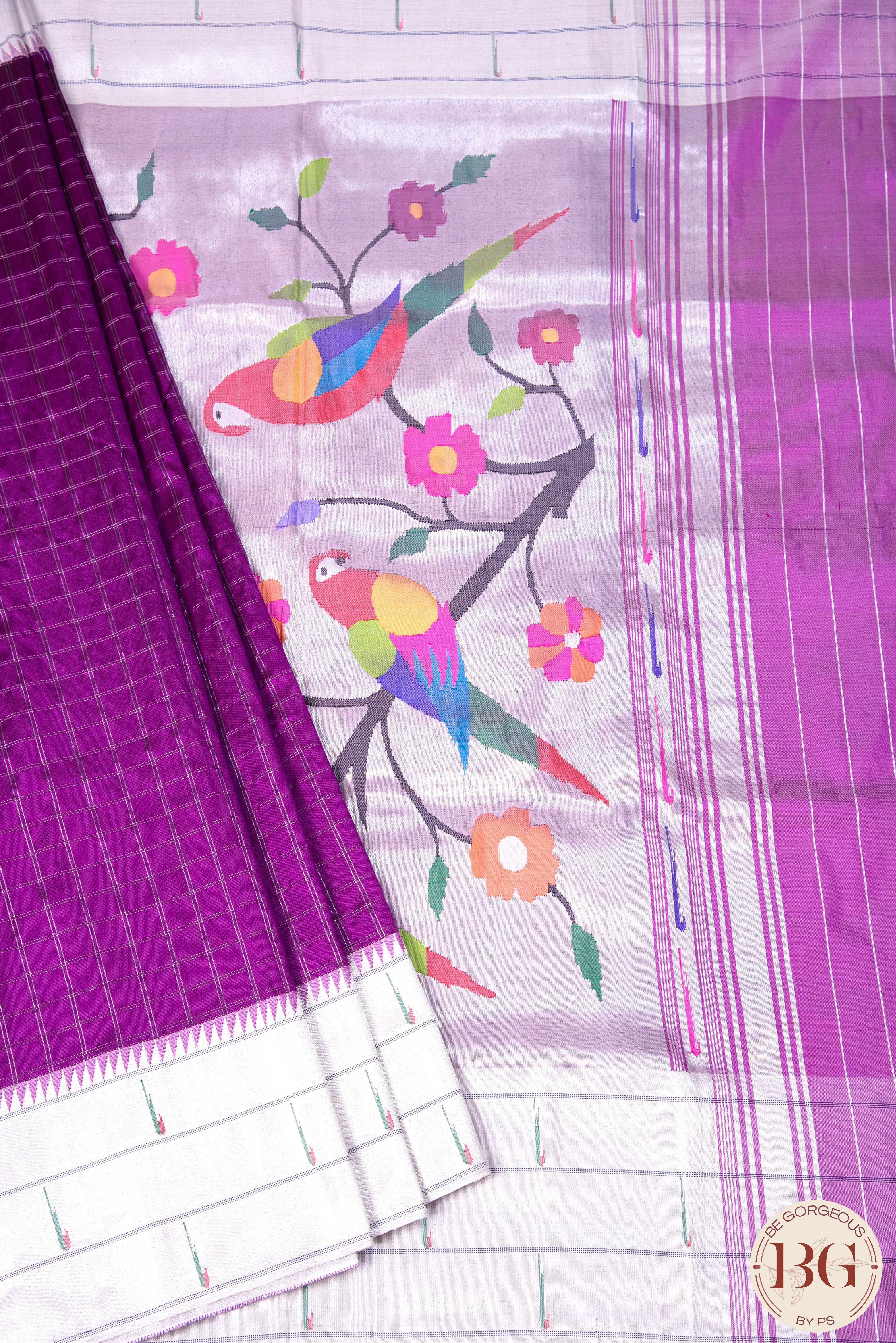 Paithani Saree with Triple Muniya border checker body and parrot pallu - purple