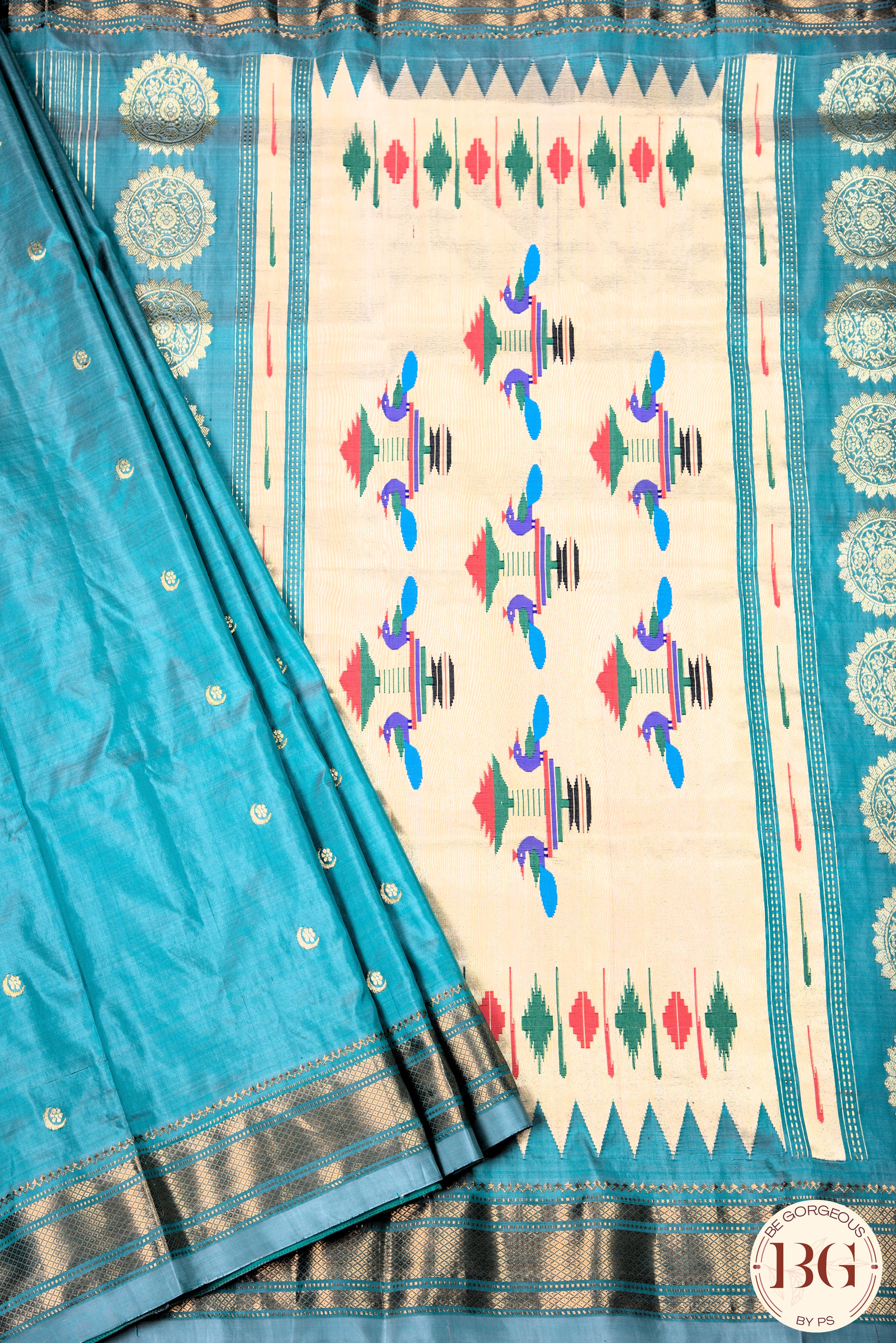 Maharani paithani pure silk saree with chakra pallu - sea green