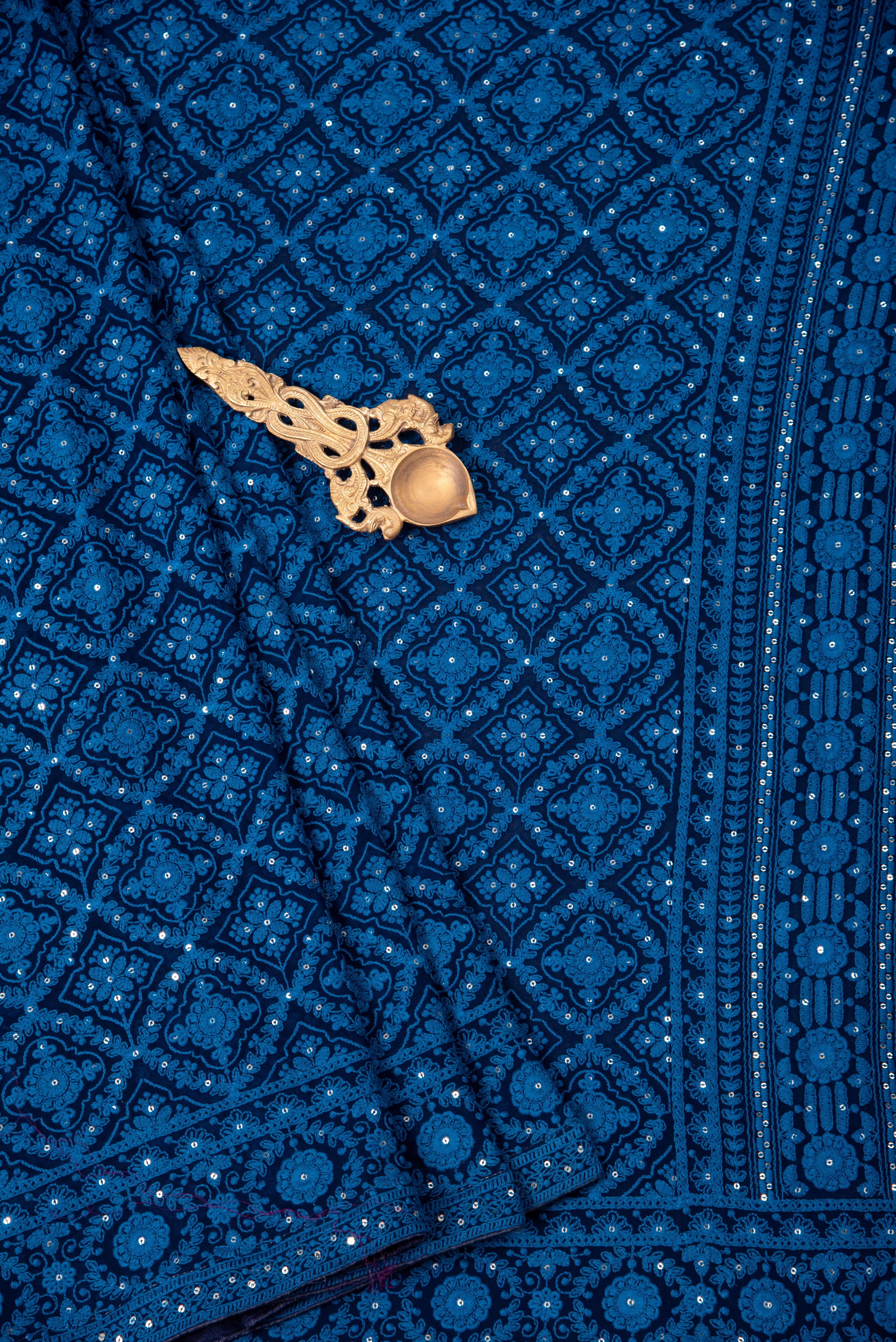 Chikankari embroidery with sequins on georgette - blue