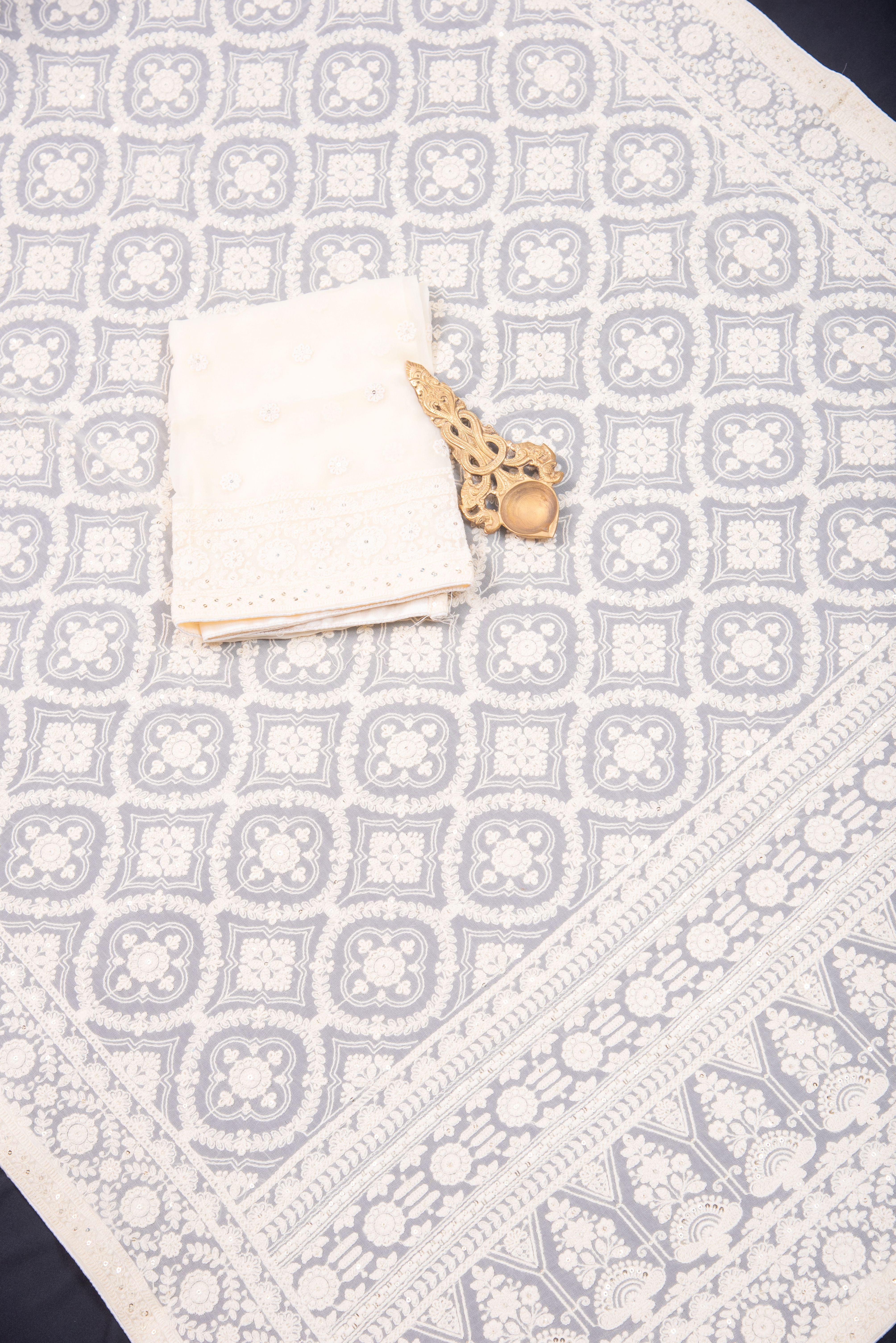 Chikankari embroidery with sequins on georgette - cream