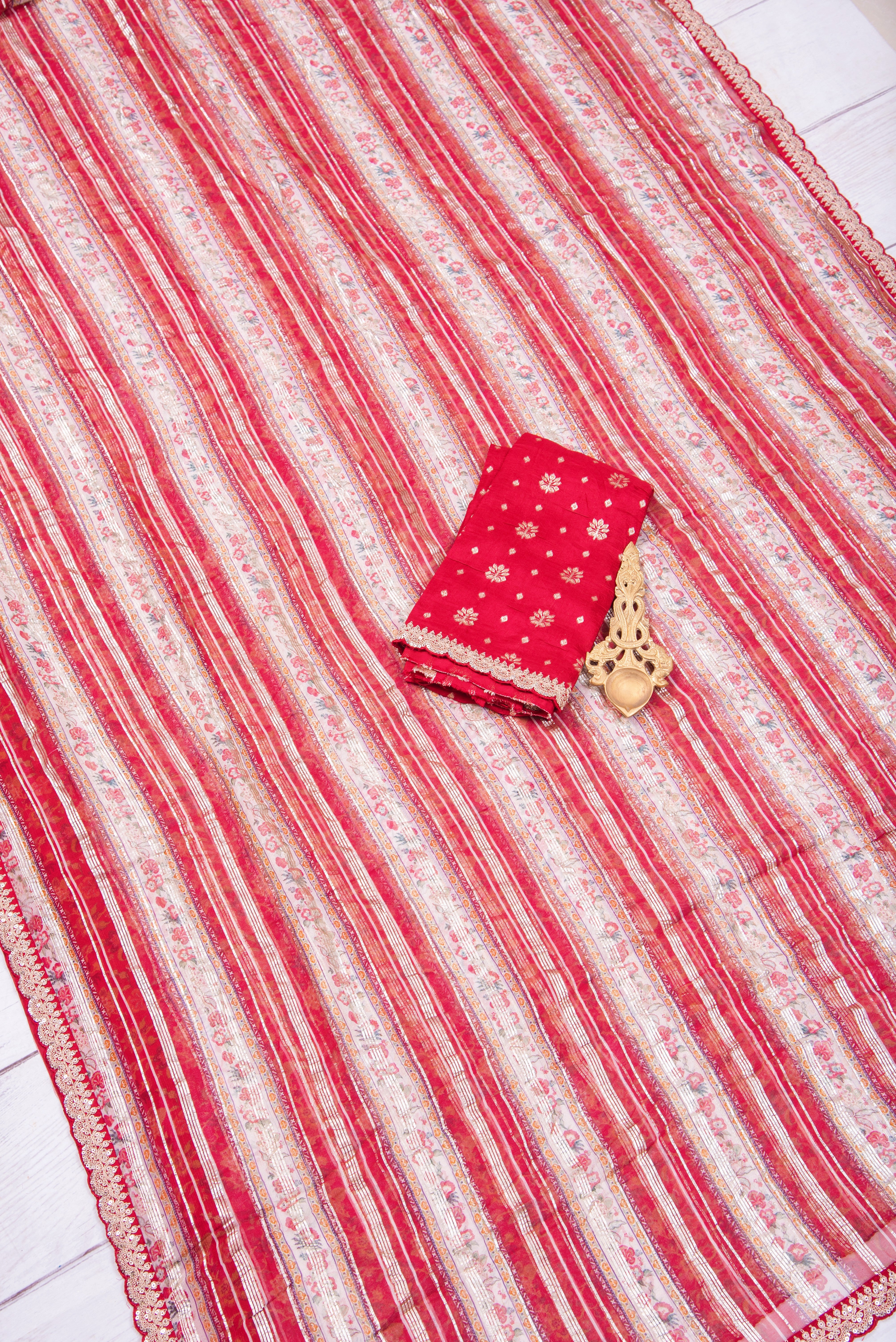Georgette with stripes - red