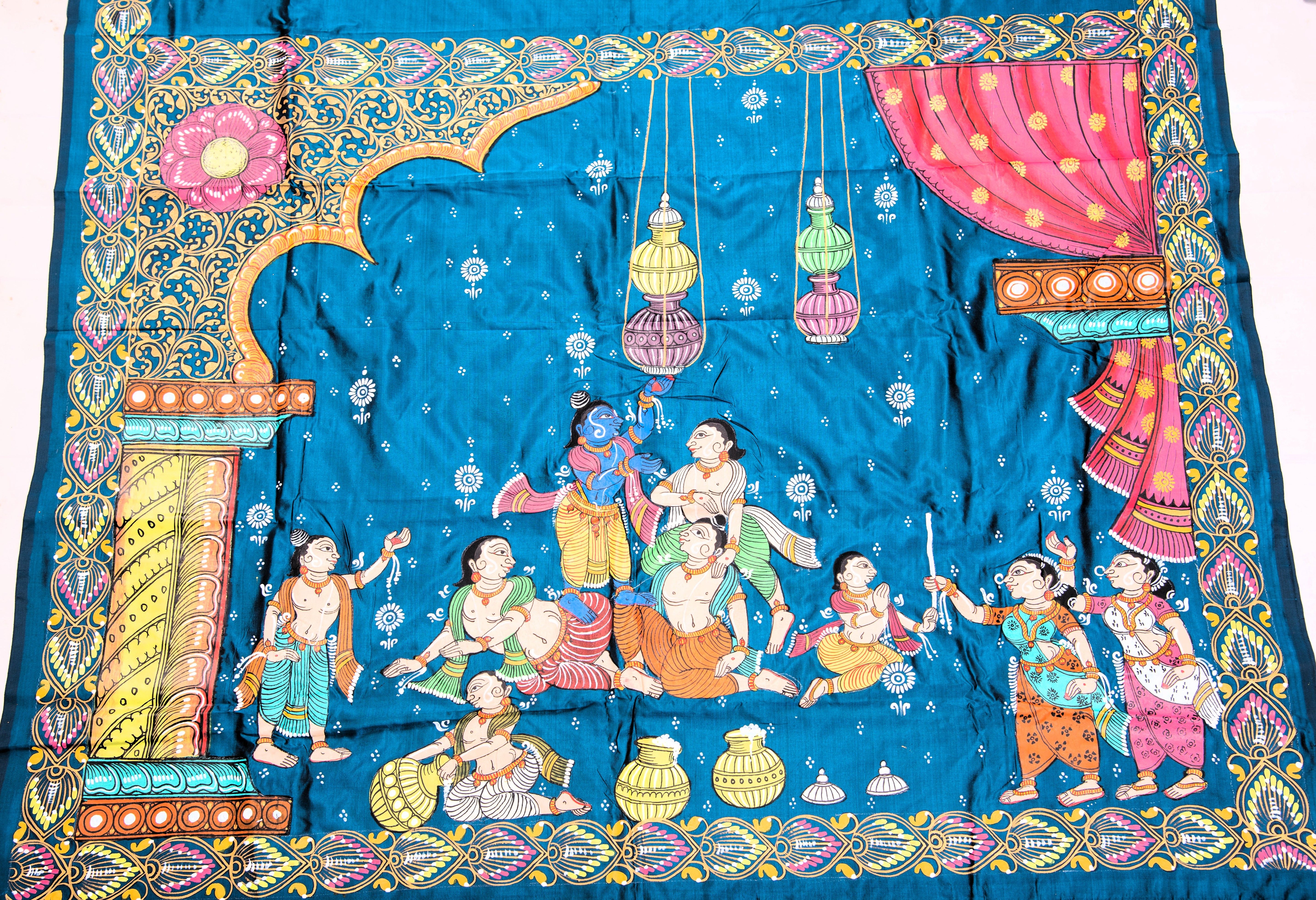 Pattachitra hand painted saree on pure silk - Krishna Dahi Matki Theme