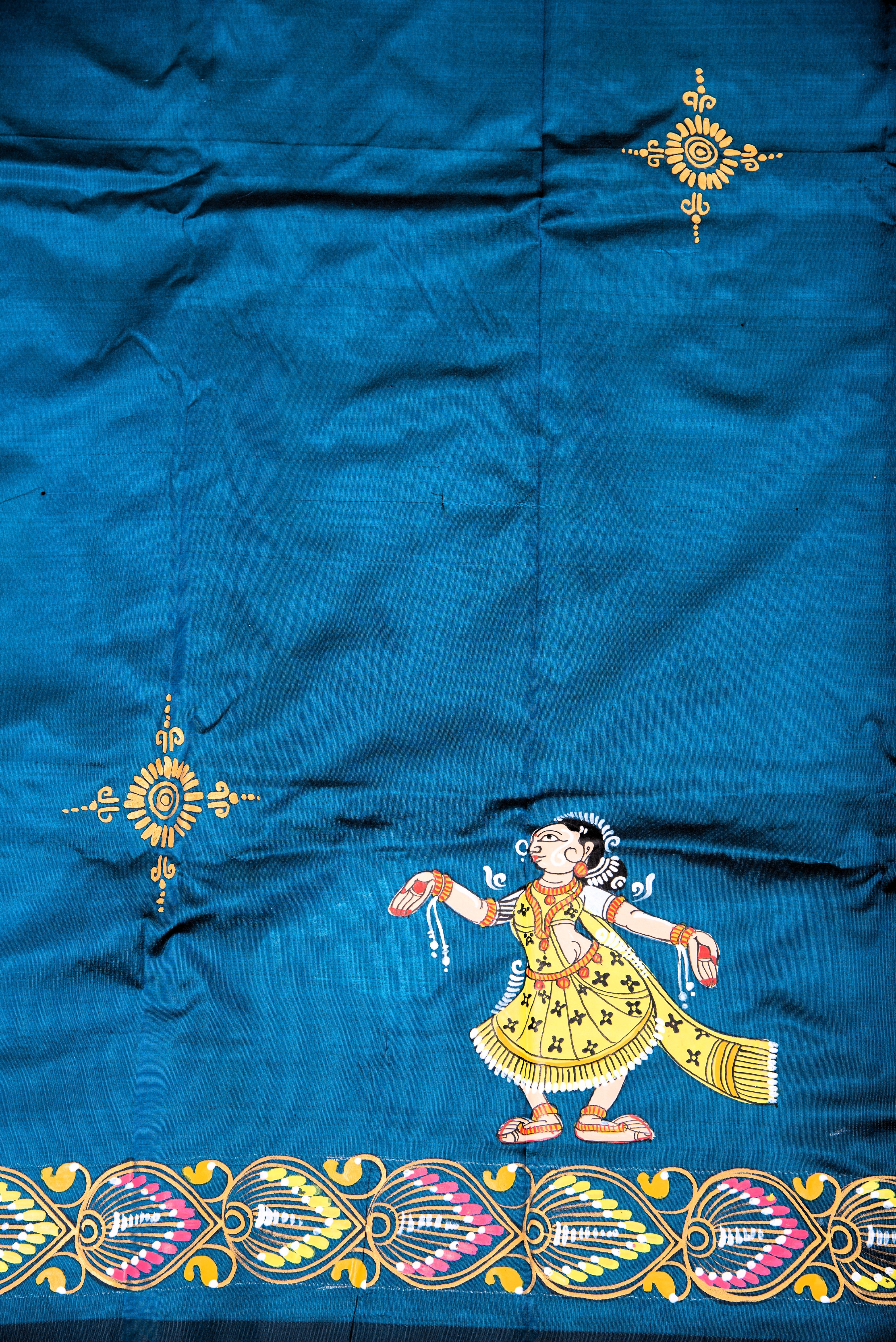 Pattachitra hand painted saree on pure silk - Krishna Dahi Matki Theme
