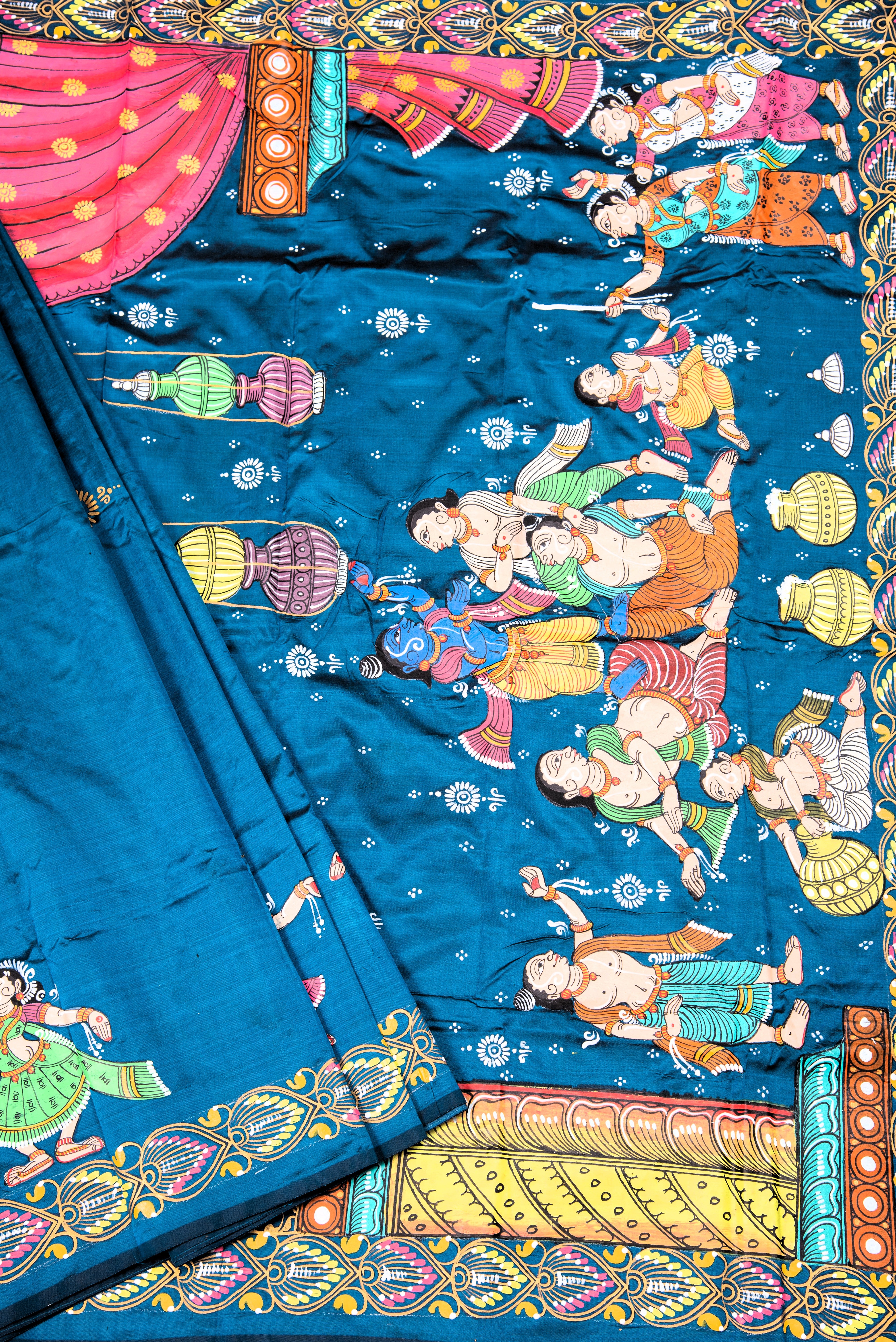 Pattachitra hand painted saree on pure silk - Krishna Dahi Matki Theme
