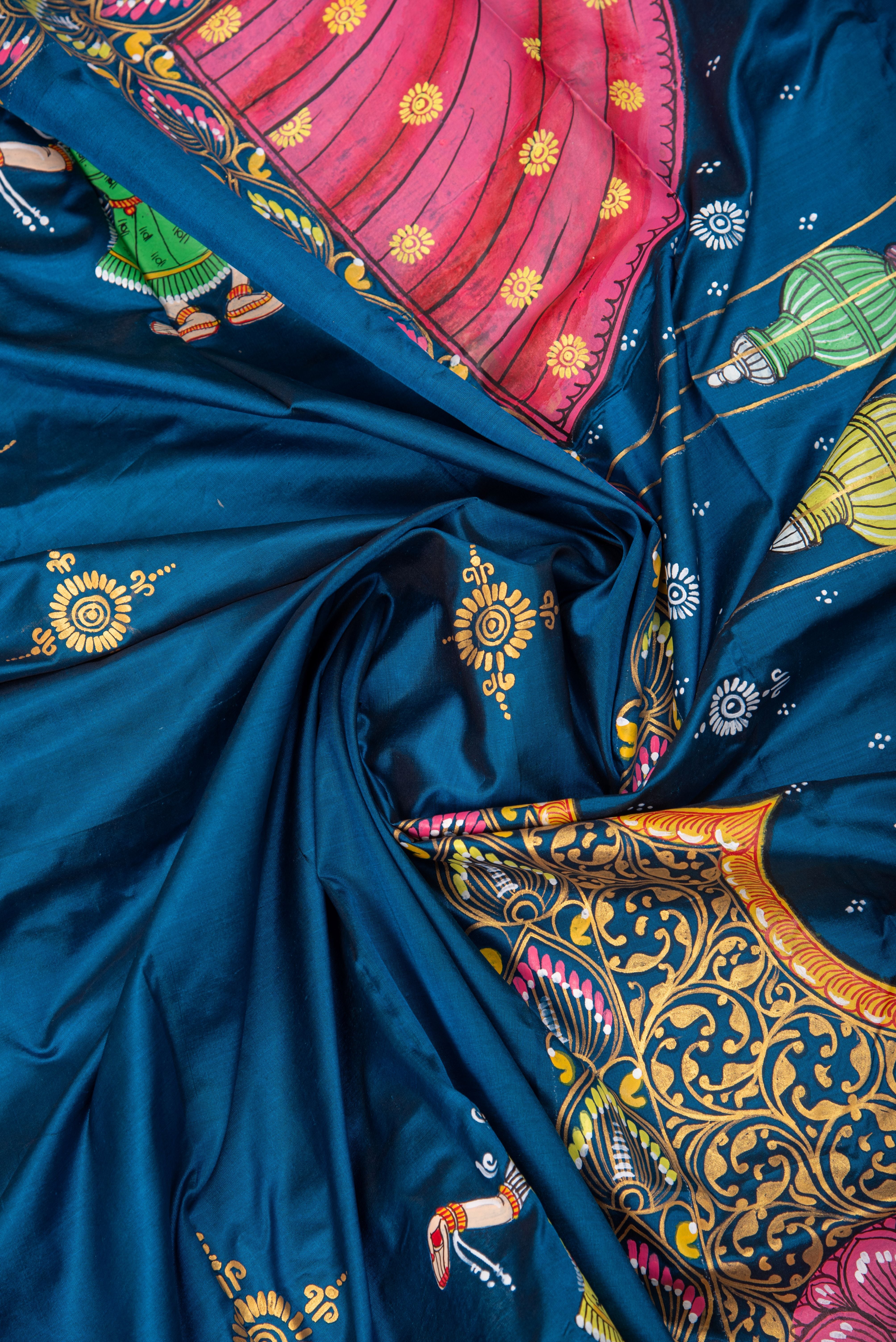 Pattachitra hand painted saree on pure silk - Krishna Dahi Matki Theme