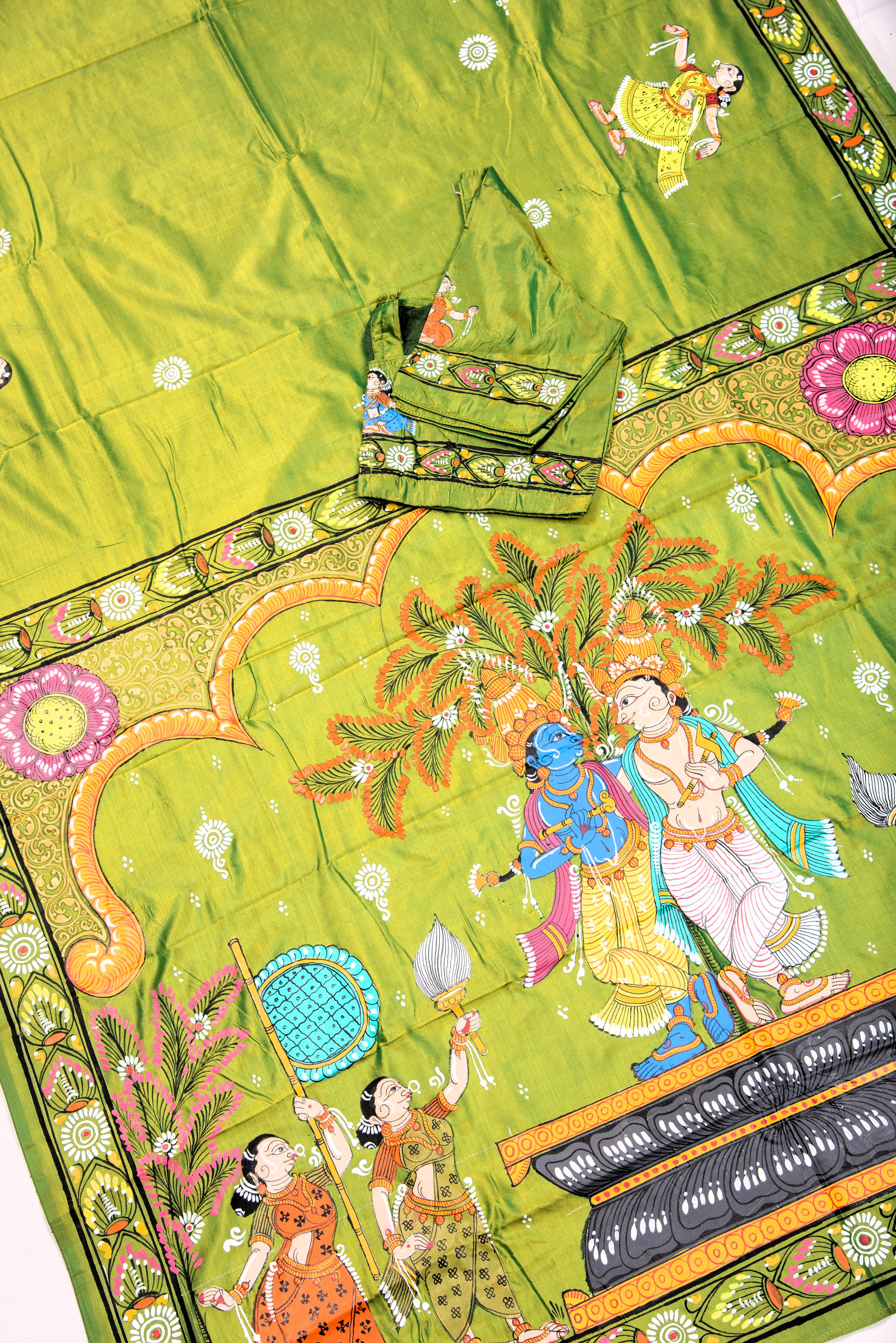 Pattachitra hand painted saree on pure silk - Krishna Balram Theme