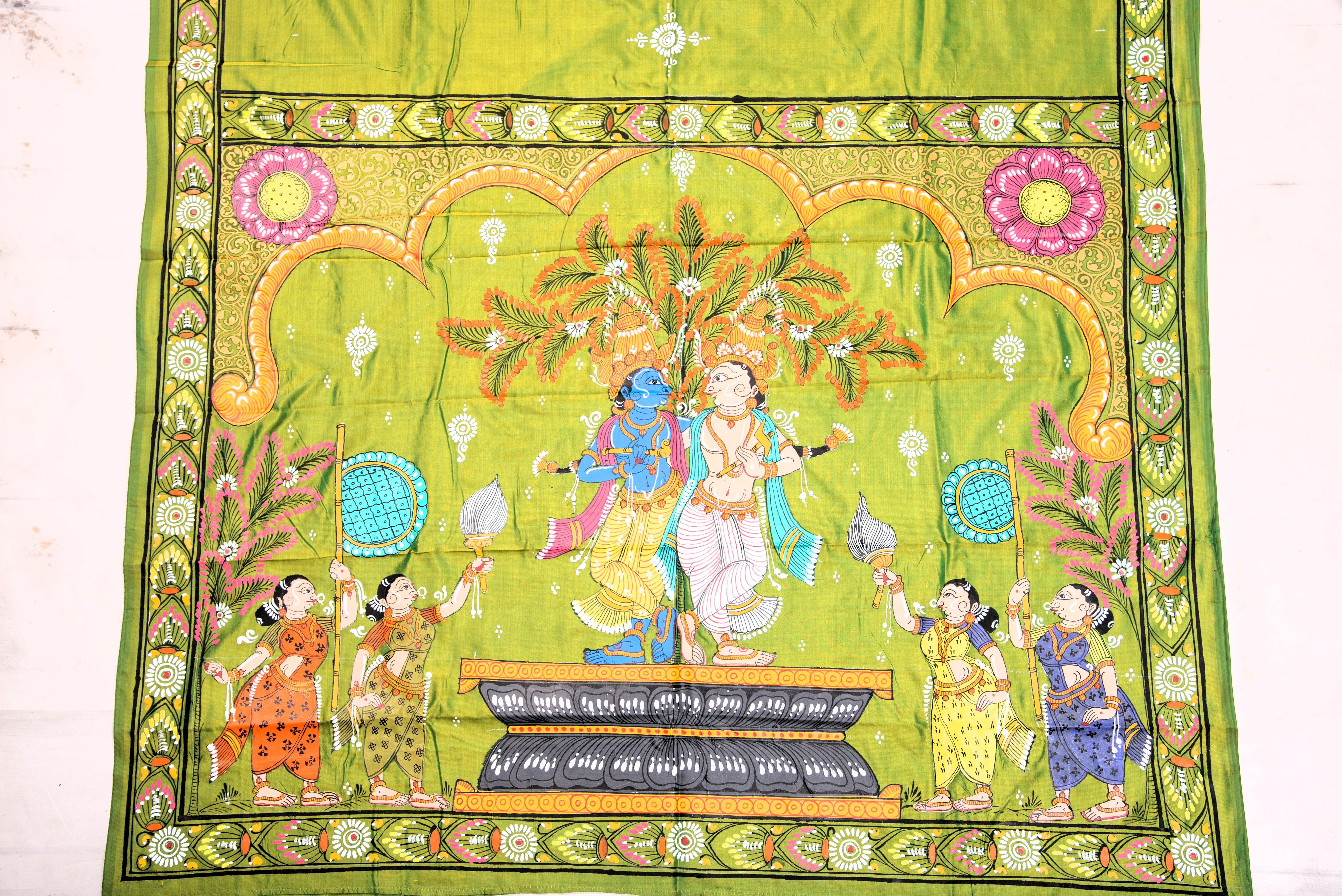 Pattachitra hand painted saree on pure silk - Krishna Balram Theme