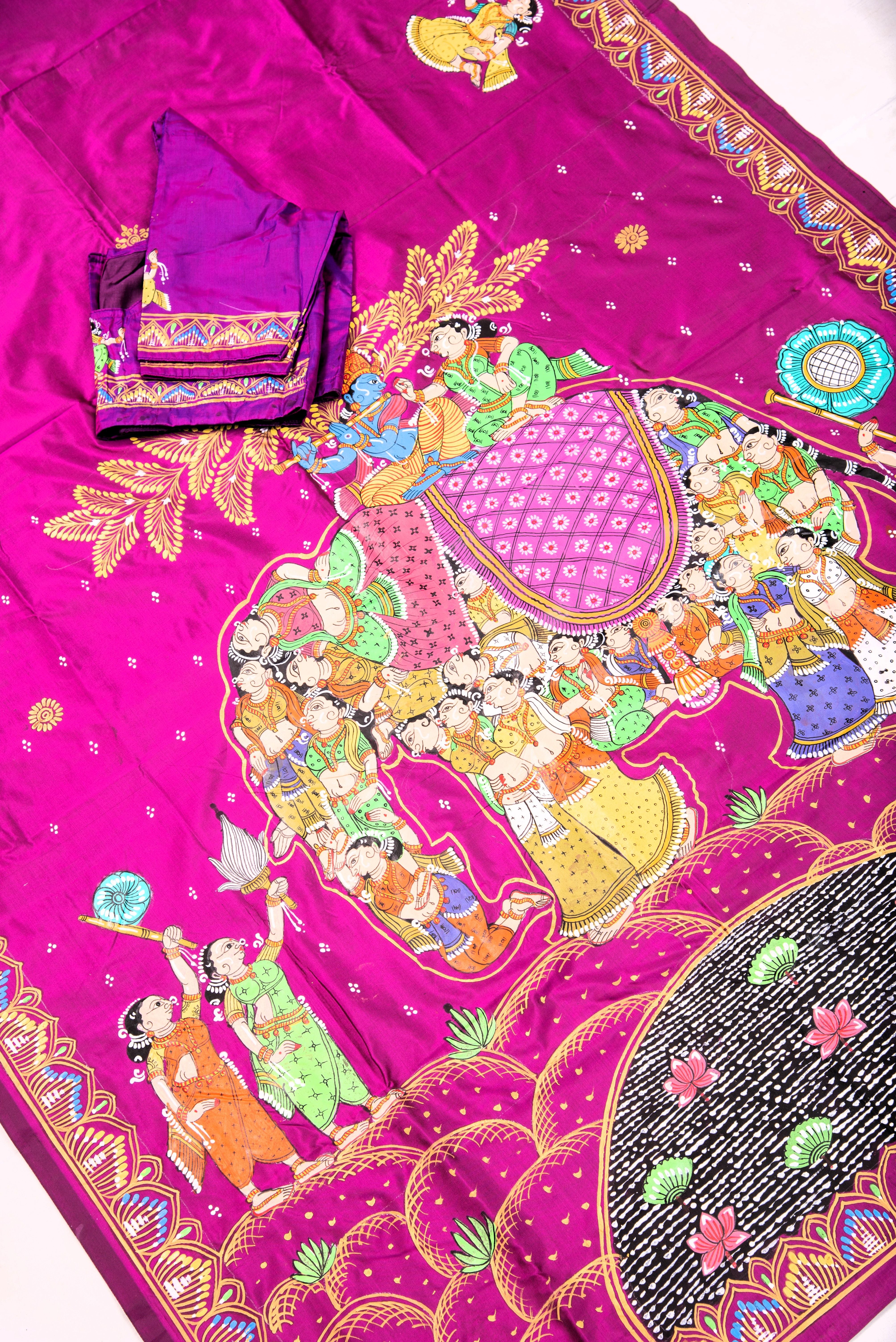 Pattachitra hand painted saree on pure silk - Kandarpa Hasti Theme (Divine Elephant)