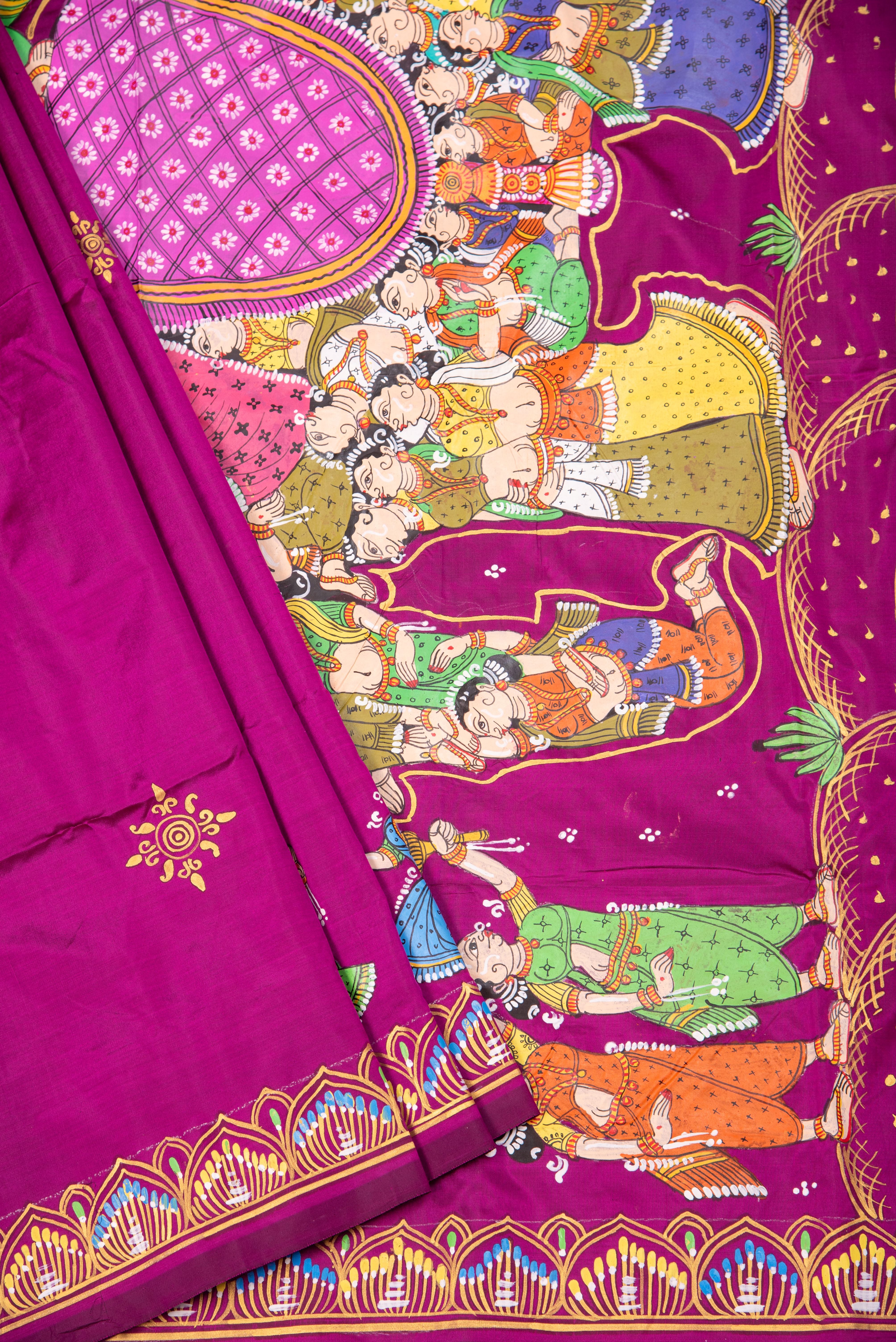 Pattachitra hand painted saree on pure silk - Kandarpa Hasti Theme (Divine Elephant)